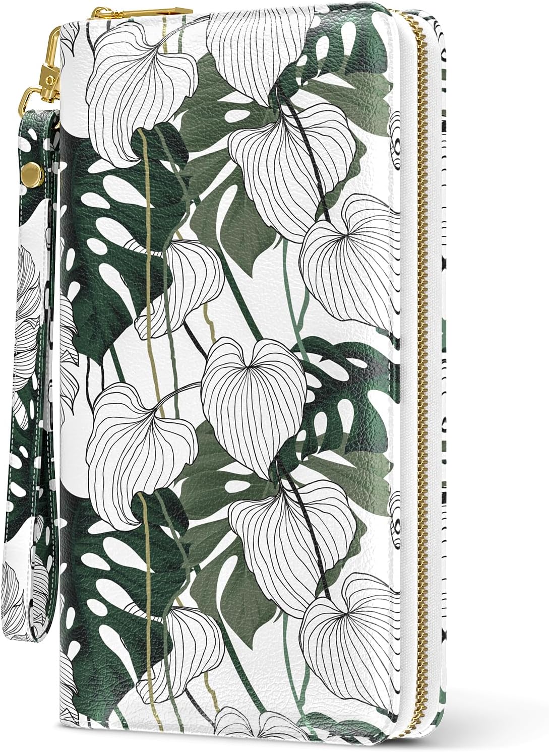 Nipichsha Womens Wallet, RFID Wristlet Wallet for Women, Cute Ladies Purse, Large Credit Card Clutch Purse, Leather Card Holder Wallets with Zipper & Phone Holder, Monstera Deliciosa