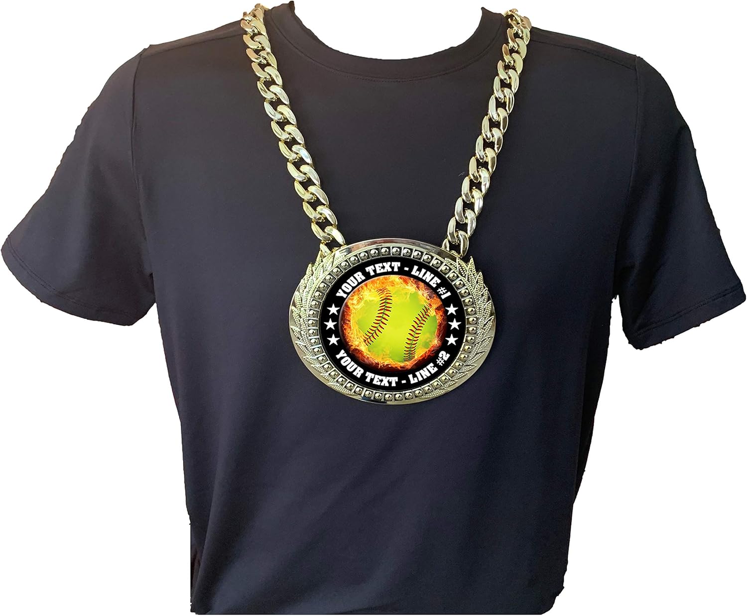Express Medals Custom Flame Softball Champ Chain Trophy with 2 Lines of Personalized Text on a Large Rigid Plastic Award Medal and 34 Inch Long Gold Color Neck Chain. EMFCL805