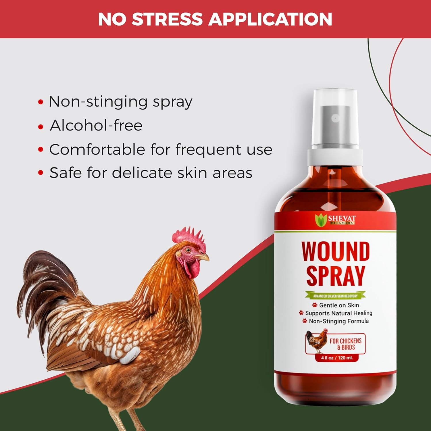 SHEVAT VITAMINS Silver Wound Spray for Chickens & Birds – Gentle Skin Relief for Scrapes, Cuts, Rashes & Irritation – Non-Stinging, Alcohol-Free, Safe for Feathers & Skin – 120ml (4oz)