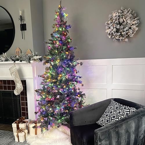 Miniatura 50 de Fraser Hill Farm Árbol de Navidad artificial flocado de abeto búfalo de 6.5 pies con doble luces LED multicolor y blanco cálido y soporte, árbol LED