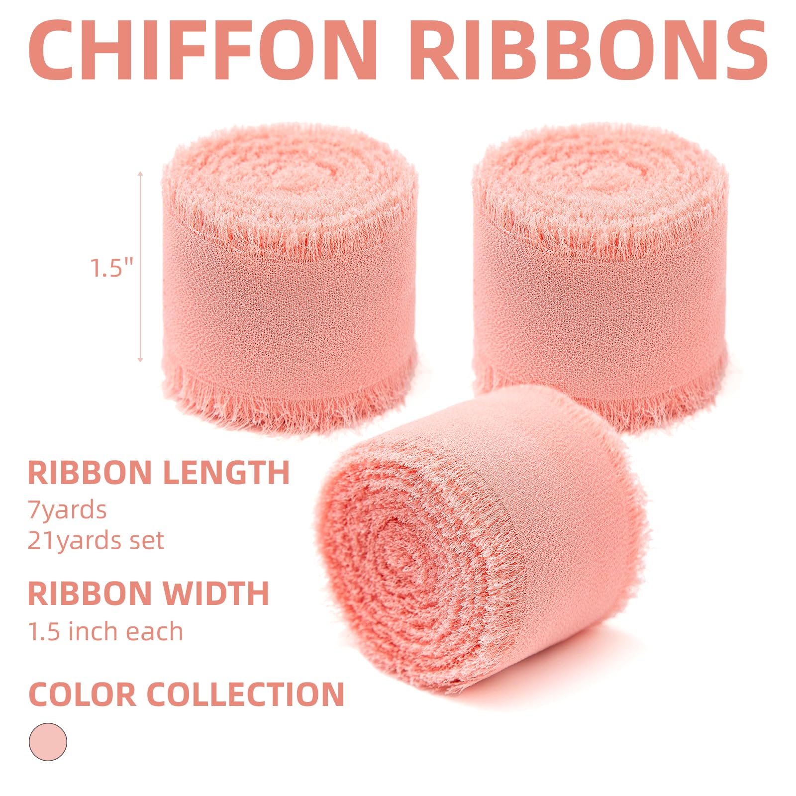 KEOSREE 3 Rolls Blush Pink Handmade Chiffon Ribbon,1.5