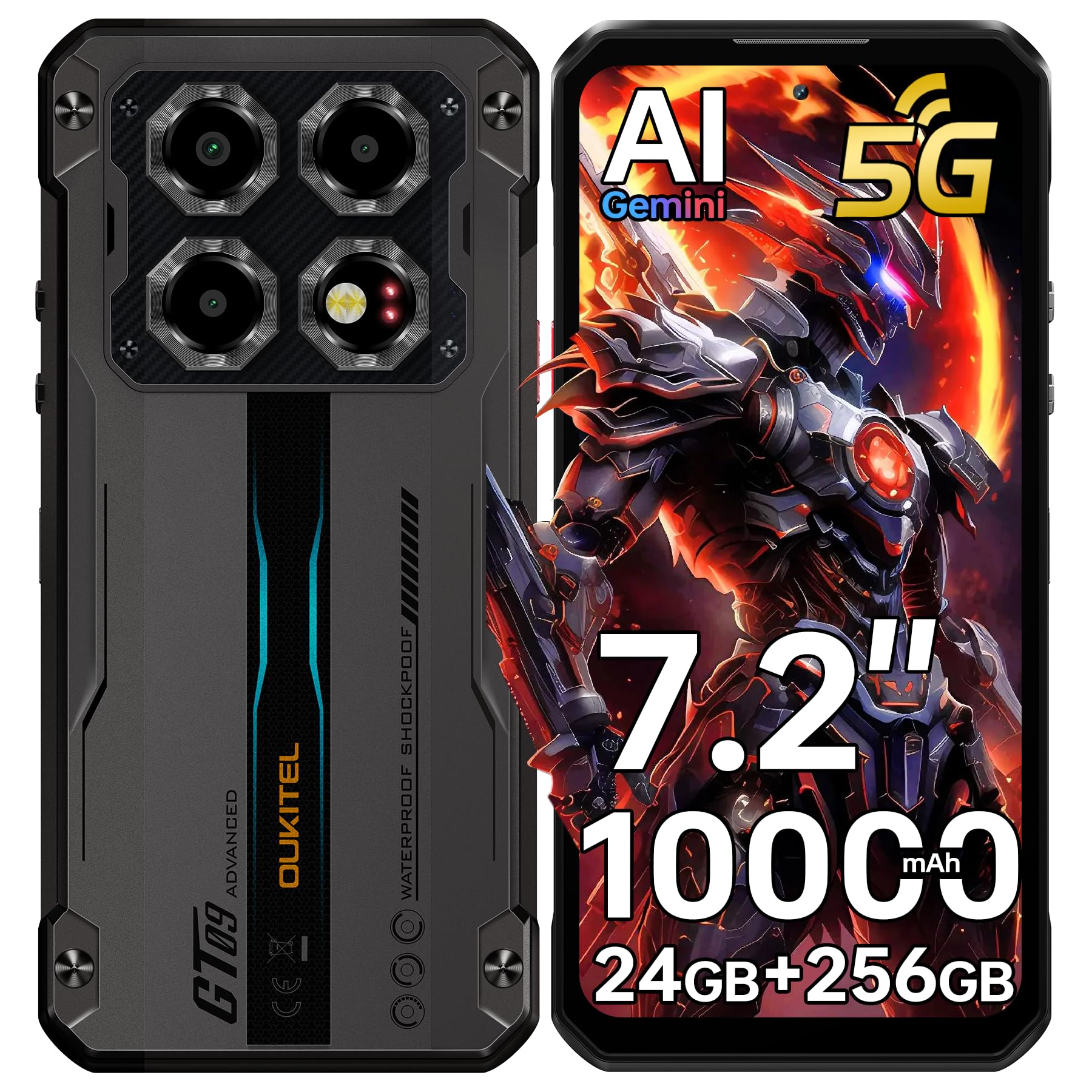 OUKITEL WP60 5G Rugged Phone Unlocked 7.2" Display, 24GB RAM+256GB ROM/TF 2TB, 10000mAh/33W Smartphone, 108MP Camera, IP68/IP69K Waterproof Phone, NFC