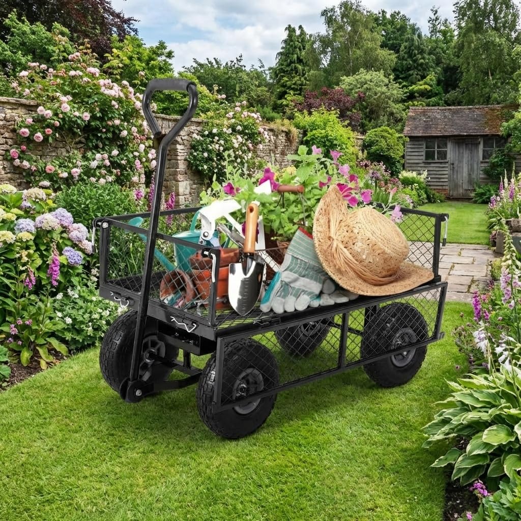 Chariot de jardin robuste - Charge maximale : 500 kg - Chariot utilitaire pliable avec côtés en maille amovibles et insert - Roues pneumatiques de 10" - Poignée de traction - Jardin, cour, agriculture