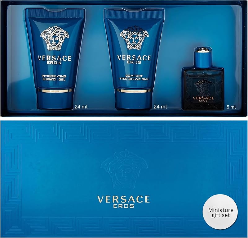 Eros Perfume para hombre Mini set de regalo de 3 piezas | EDT Splash, gel de ducha y bálsamo para después del afeitado, set de regalo de aseo de diseñador, tamaño de viaje, muestra de fragancia, regalo de lujo