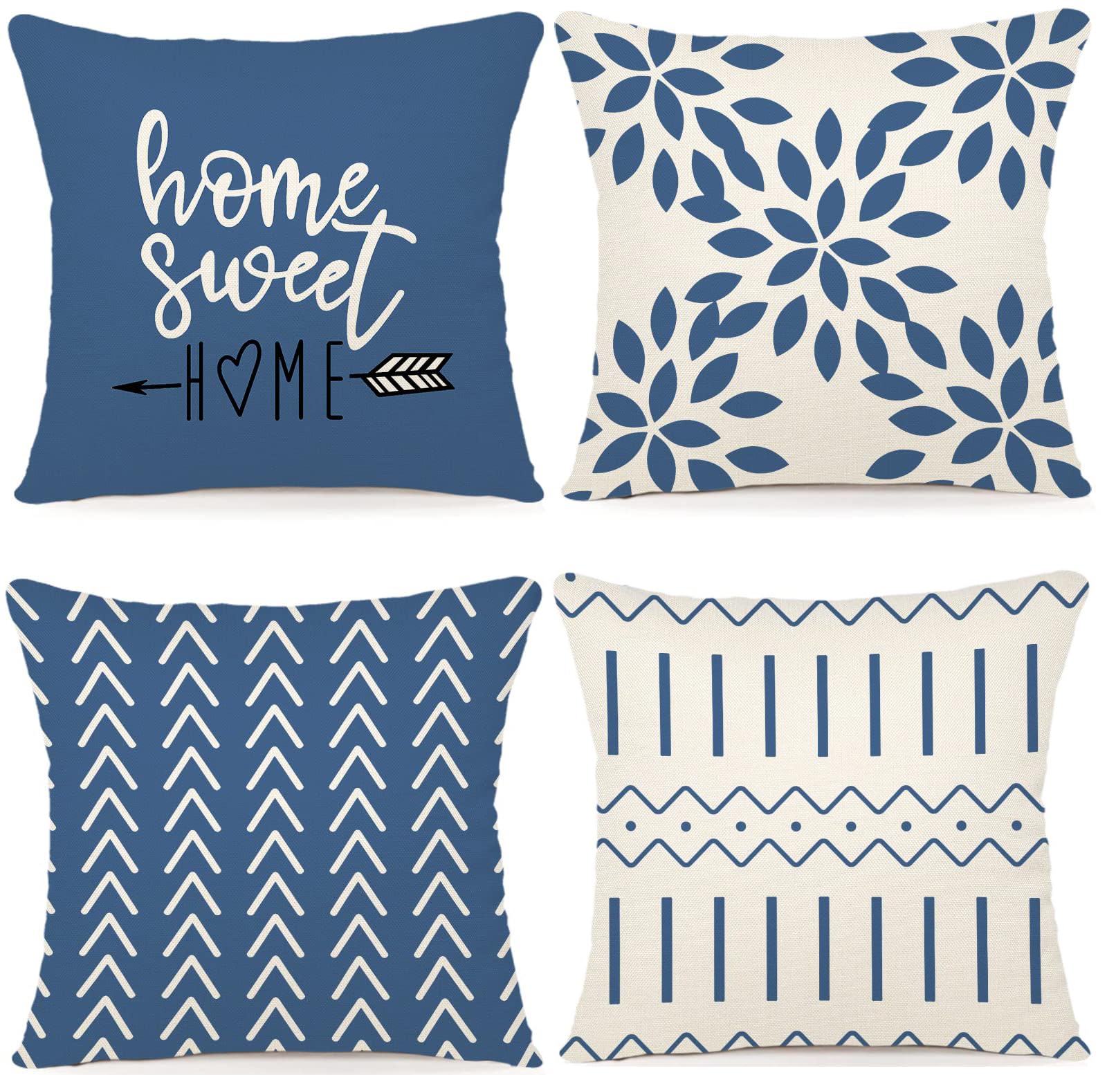 Mordely 4PCS 45x45 Cushion Covers for Outdoor Garden & Sofa - Premium Linen Fabric Pillow Cases Set, Decorative Square Pillow Protectors for Indoor/Outdoor Décor (Blue)