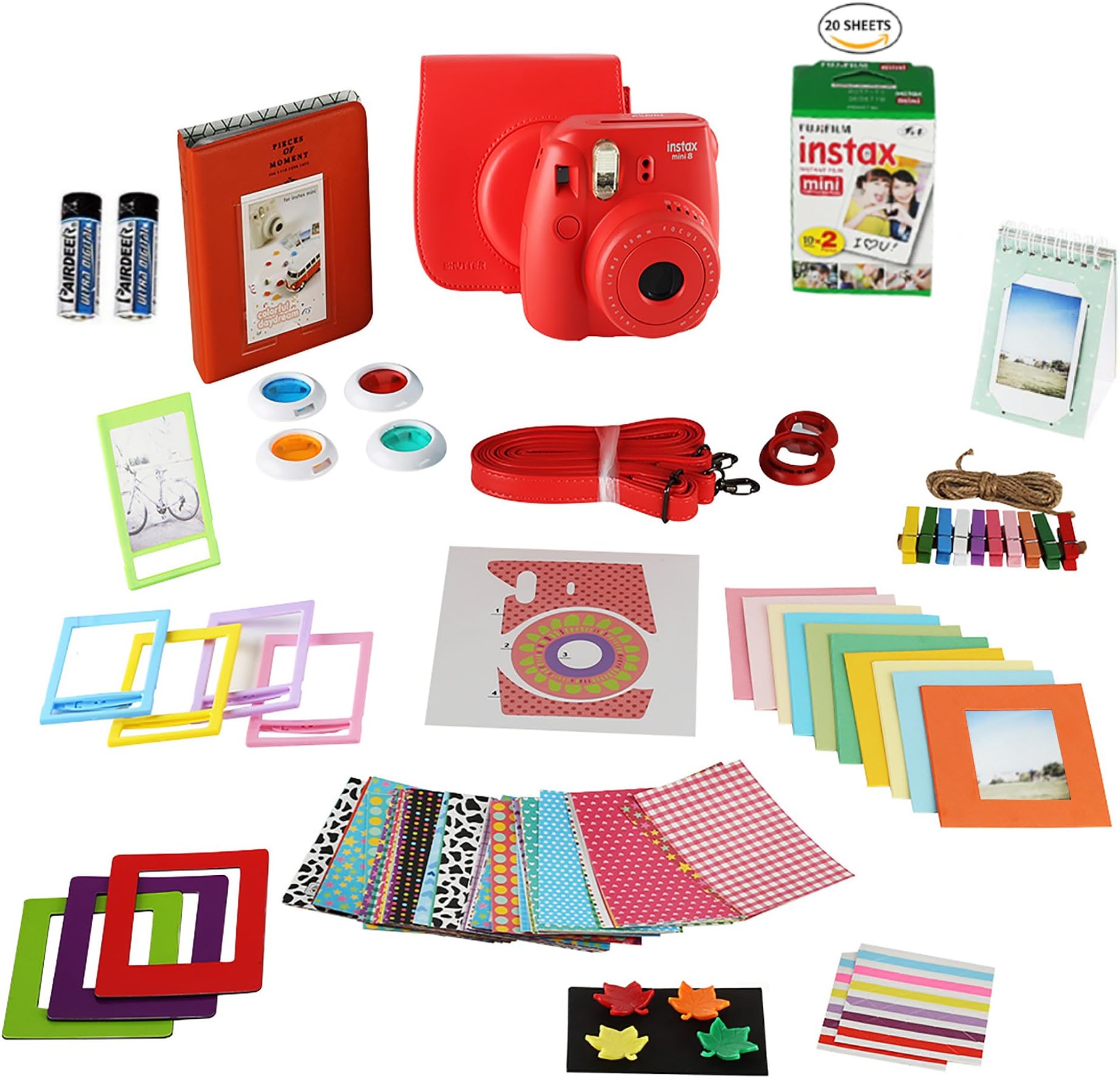 Fujifilm Instax Mini 8 Instant Camera + 20 Instant Film Shots, + Instax Mini Case + 14 PC Instax Accessories Bundle, Fuji Instax Mini 8 Kit Gift Box, Albums, Lenses, Magnet Frames,