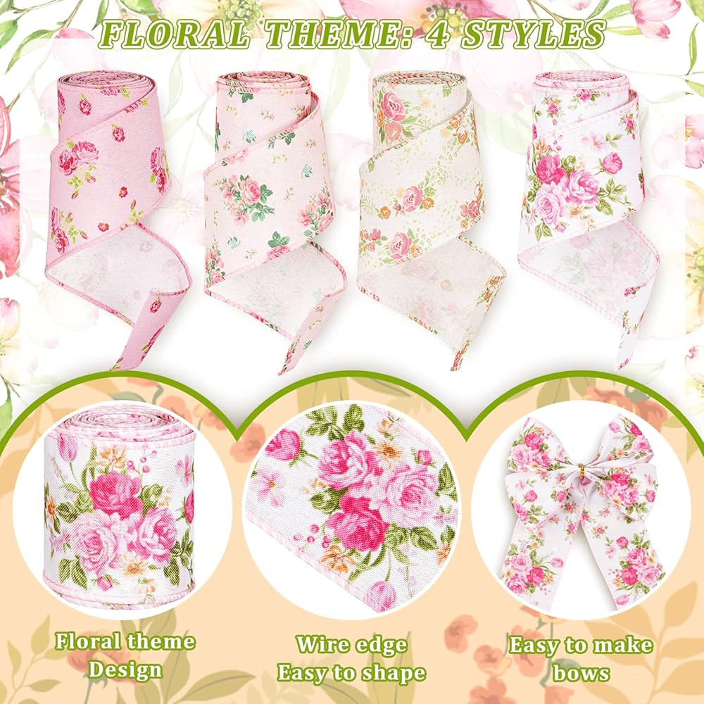 Amazon.com: Whaline Pink Floral Wired Edge Ribbon 4 Rolls