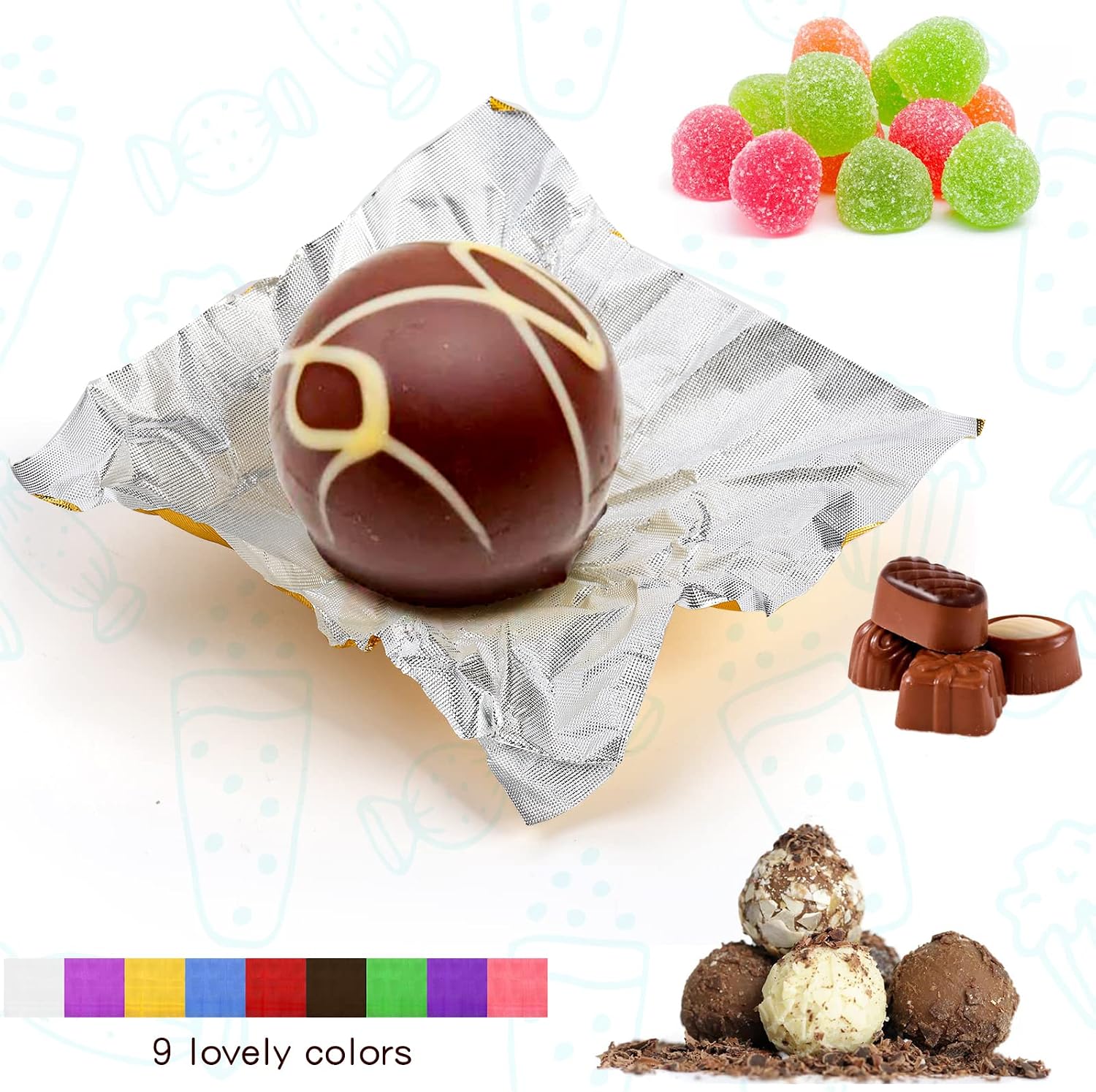 ZEAYEA 900 Pcs Foil Chocolate Candy Wrappers, 9 Colors Sugar Aluminum Foil Wrappers, 4x4 inches Square Chocolate Packaging Wrapping Papers for Caramel and DIY Candy Decoration