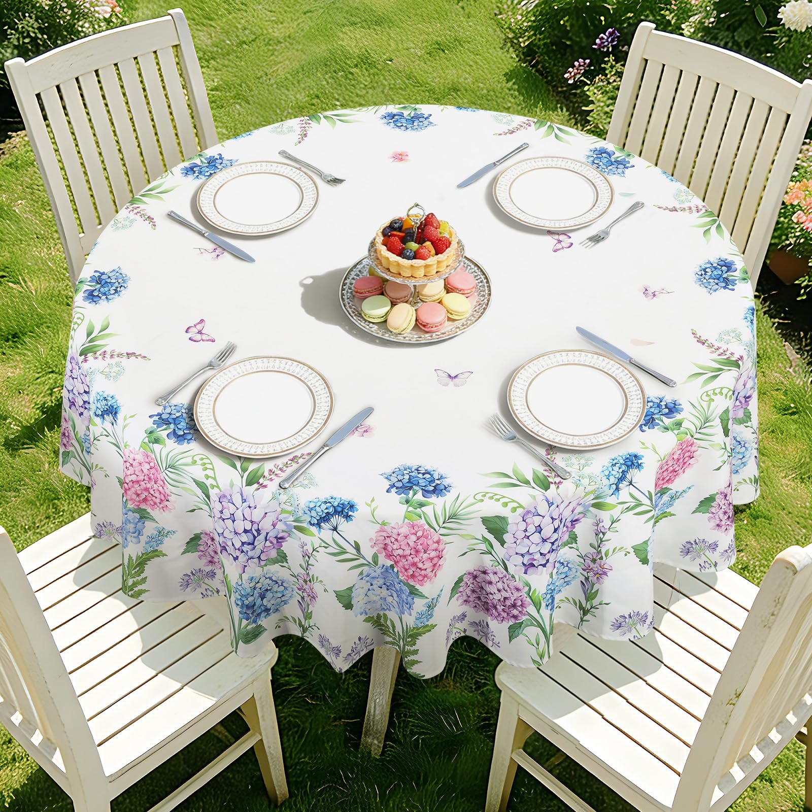 hometrixx Spring Round Table Cloth Hydrangea Flower Butterfly Washable Polyester Oil-proof Tablecloth Stain Wrinkle Resistant Table Cover for Party Kitchen Decor Outdoor Picnic, 152 cm Round