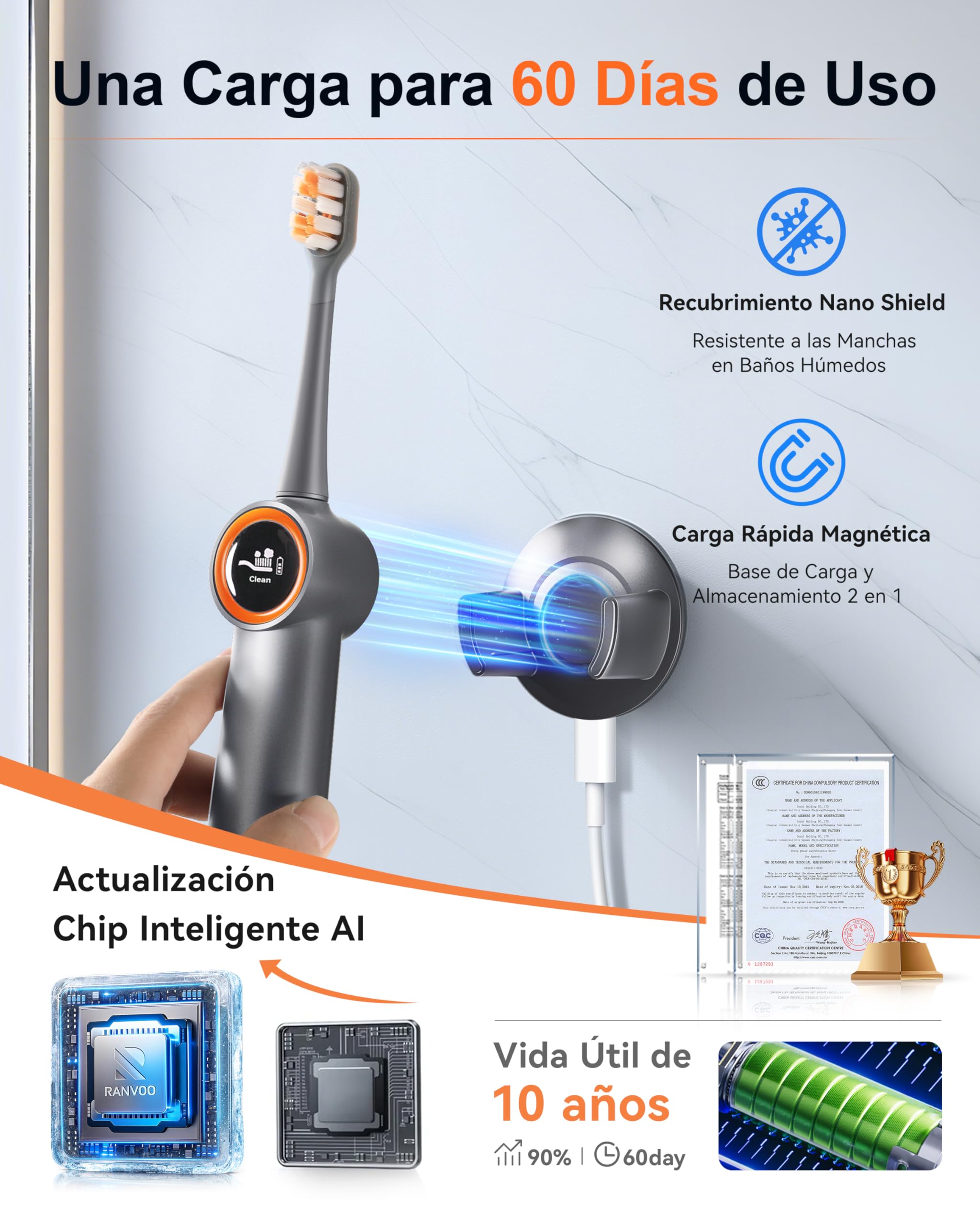 RANVOO AirJet [Max Jet Clean] [Vibrador y hilo dental 2 en 1] Cepillo de dientes eléctrico Bubble Sonic, eliminación de placa, blanco para el cuidado de las encías de adultos, regalo recargable con 2