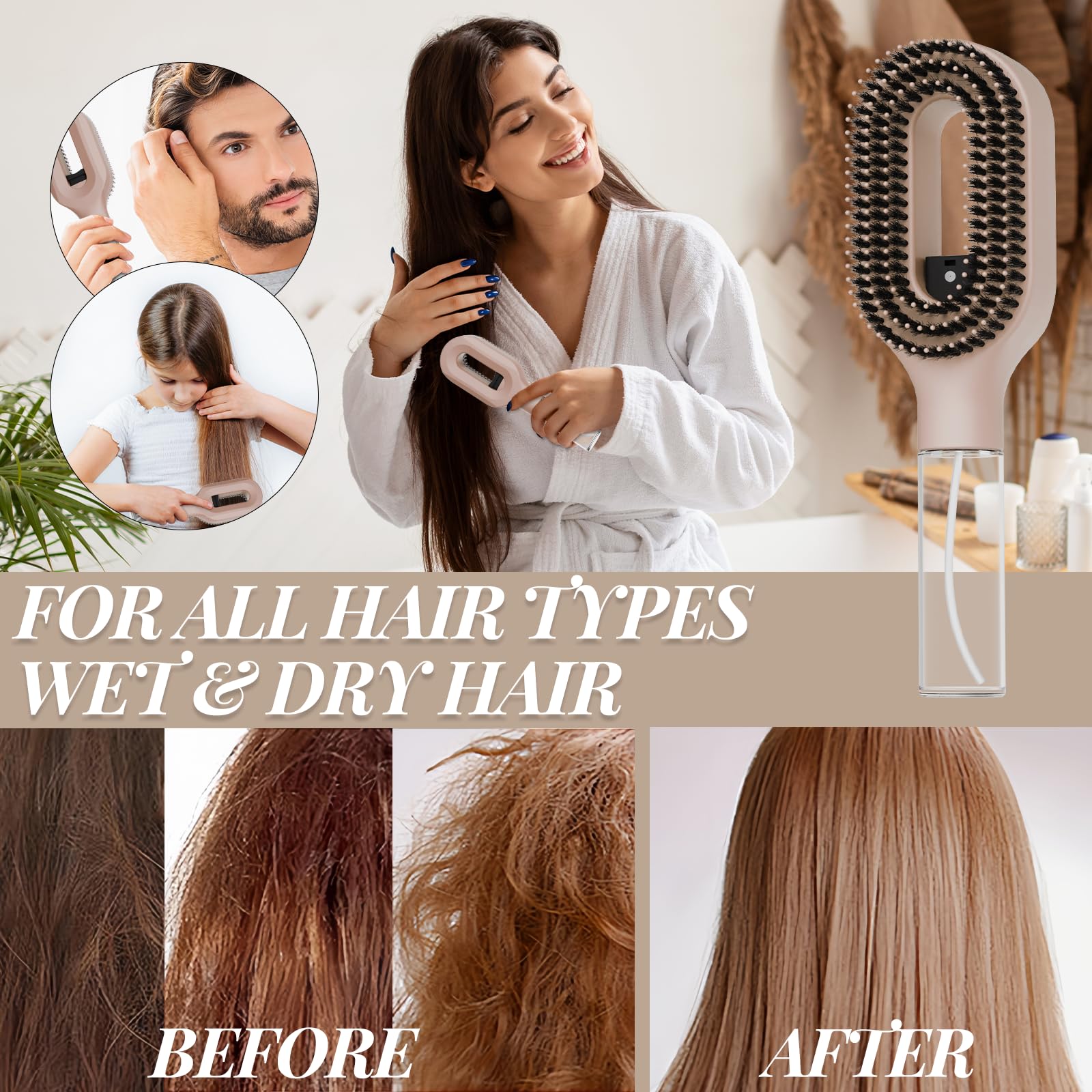 Curl Refresh - Cepillo desenredante con spray de niebla fina, antirotura y control del encrespamiento para cabello rizado, peinado húmedo o seco, apto para viajes (1, caqui)