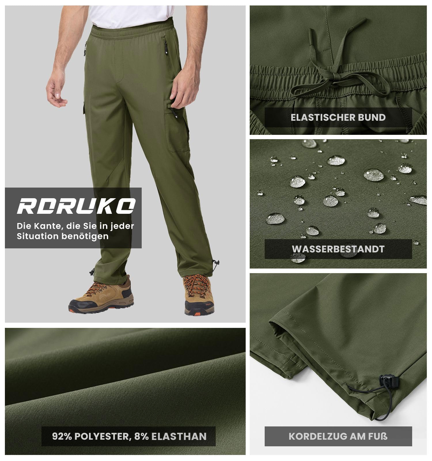 Rdruko Pantaloni da trekking da uomo, ad asciugatura rapida, impermeabili, elasticizzati, con 5 tasche, per escursioni, arrampicata, attività all'aperto