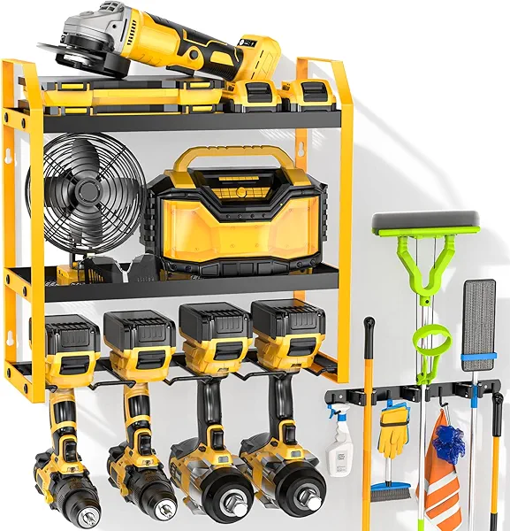 Ferreteriai Power Tool Organizer Wall Mount with Broom Holder Combo, Yellow & Black 3-Tier Garage Storage Rack with Battery Storage, 4 Drill Holder Slots, Heavy Duty Steel 150LB Capacity