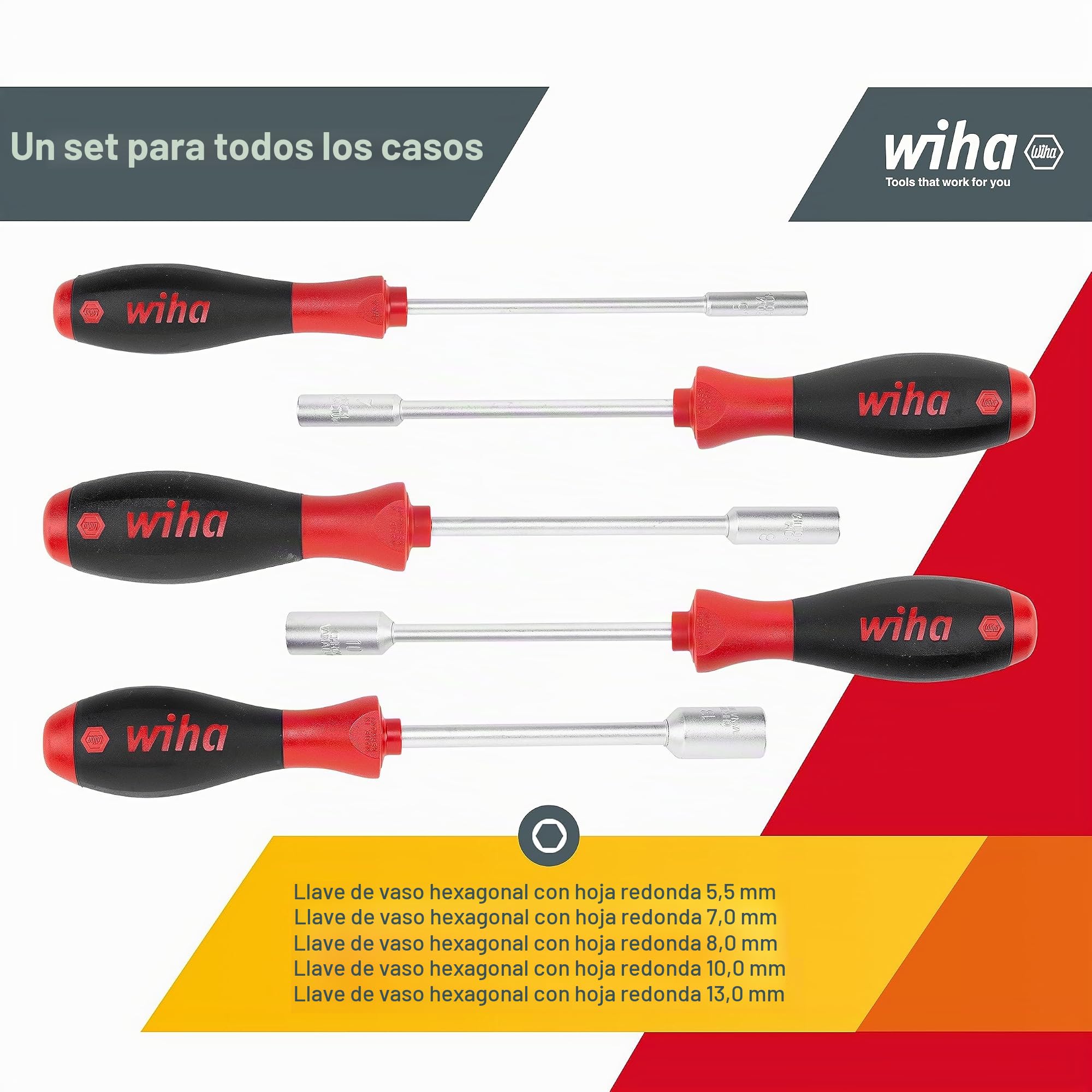 Wiha Juego de destornilladores SoftFinish® con llave de vaso hexagonal, de 5 unid. (01034)