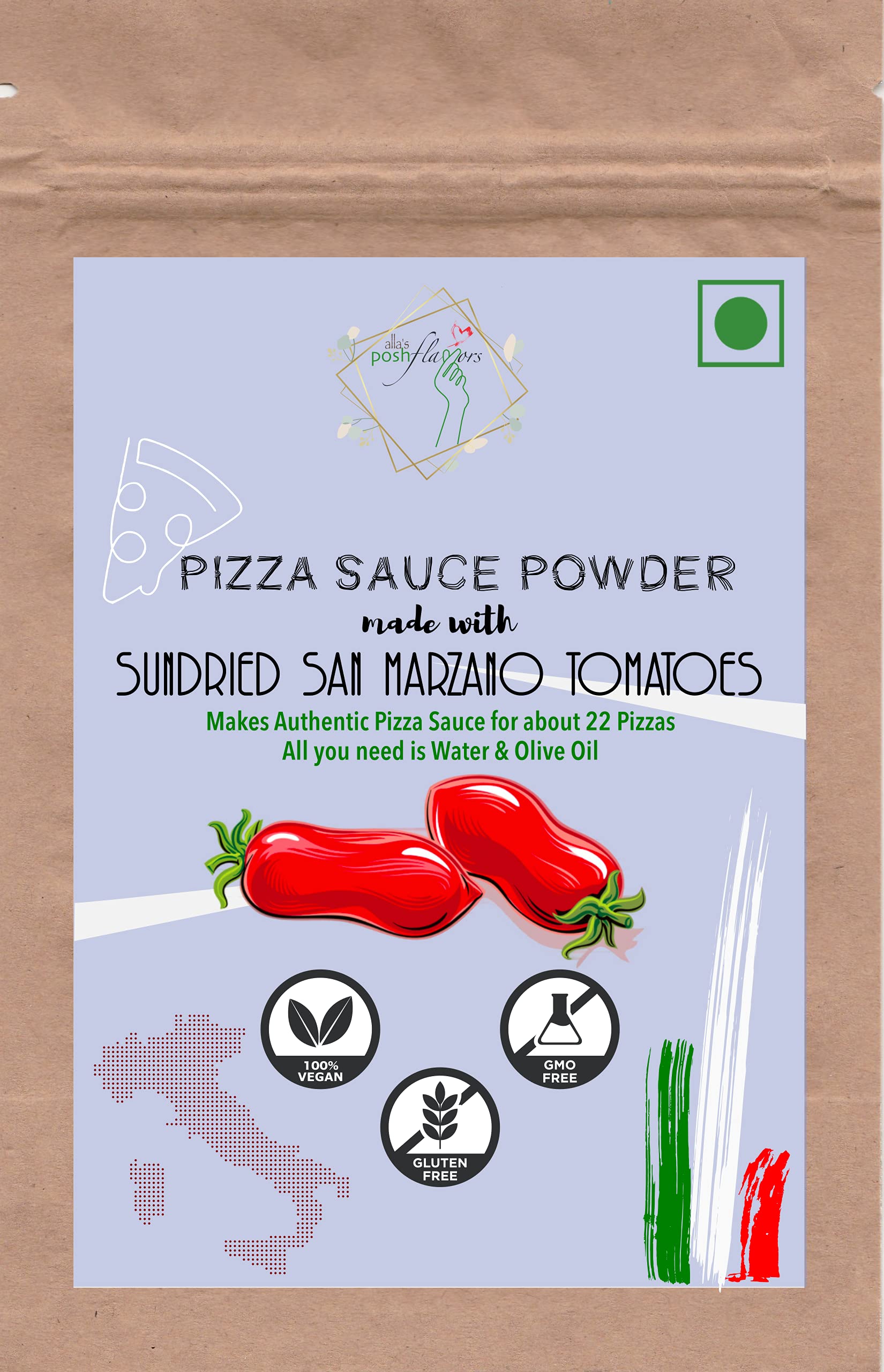 Posh Flavors Sun-Dried San Marzano Tomatoes Pizza Sauce Powder | Authentic Italian | Just Add Water & Olive Oil | Makes 1100 Grams of Pizza Sauce Instantly | for About 22 Large Pizzas (200 Grams)
