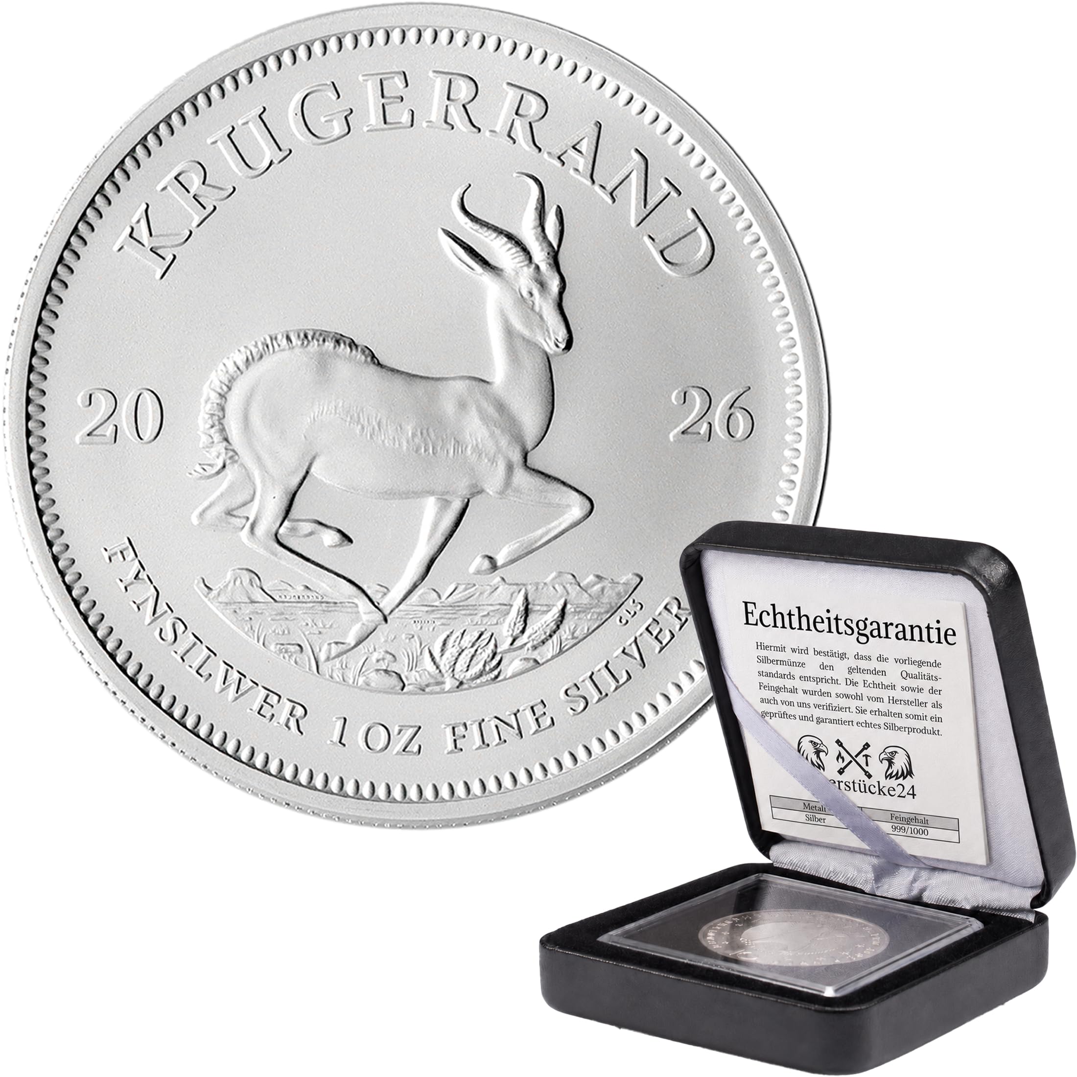 Silbermünze 1 oz Krügerrand | Aktueller Jahrgang | Feinsilber 999 | In Münzkapsel & schwarzem Etui | Inkl. Grußkarte und Echtheitsgarantie | Geschenk & Sammlermünze