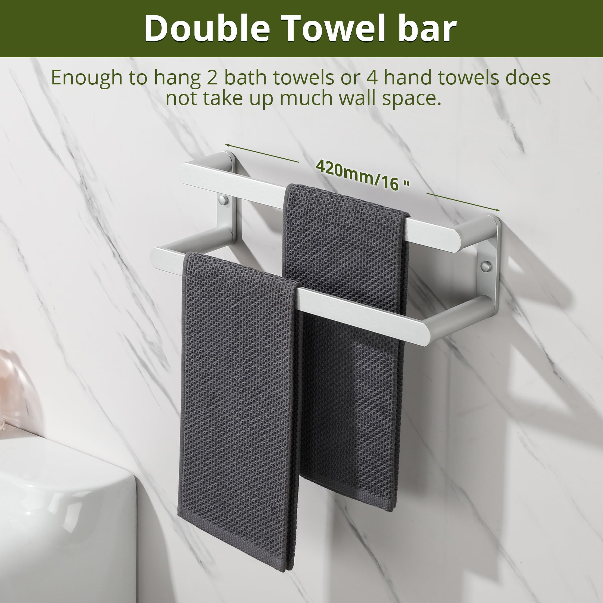 SAYAYO Towel Rail Wall Mounted Brushed Double Hand Towel Holder, 2-Tier Large Bath Towel Rack Heavy Duty for Bathroom Kitchen 42CM - Image 3