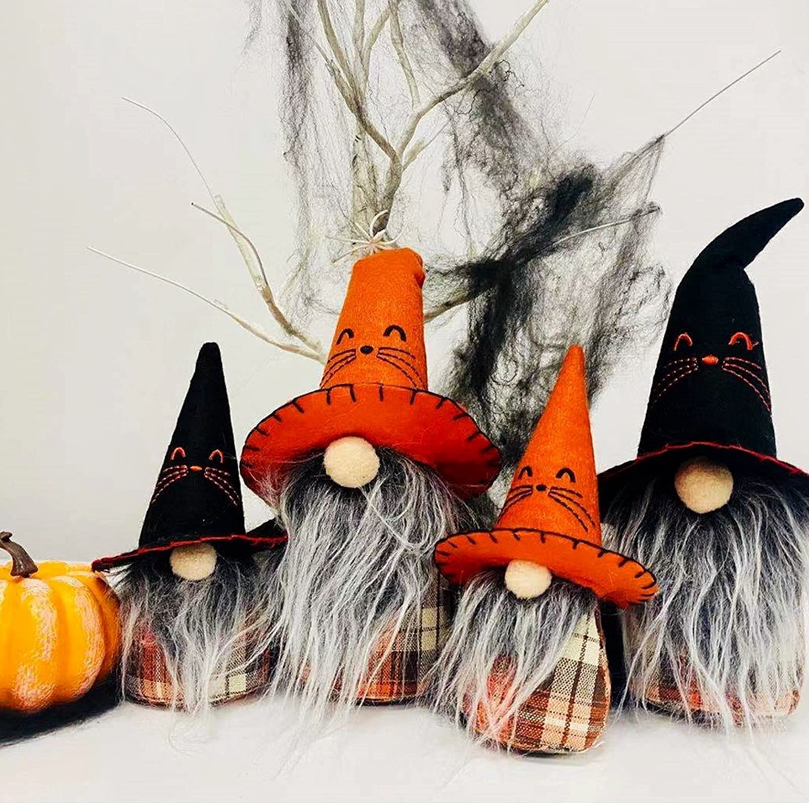 Fonder Mols Halloween Decorations Witch Family Gnomes (Set of 4), Swedish Tomte Cat Gnomes, Scandinavian Tomte Nisse Plush Kit for Home Table Book Shelf Ornaments Decorations Gift, Holiday Esstentials