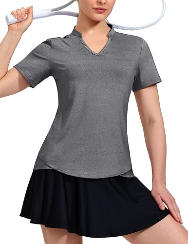 Miniatura 2 de MIER Camisetas polo de golf para mujer, sin cuello, manga corta, para tenis, correr, cuello en V, camiseta de verano refrescante
