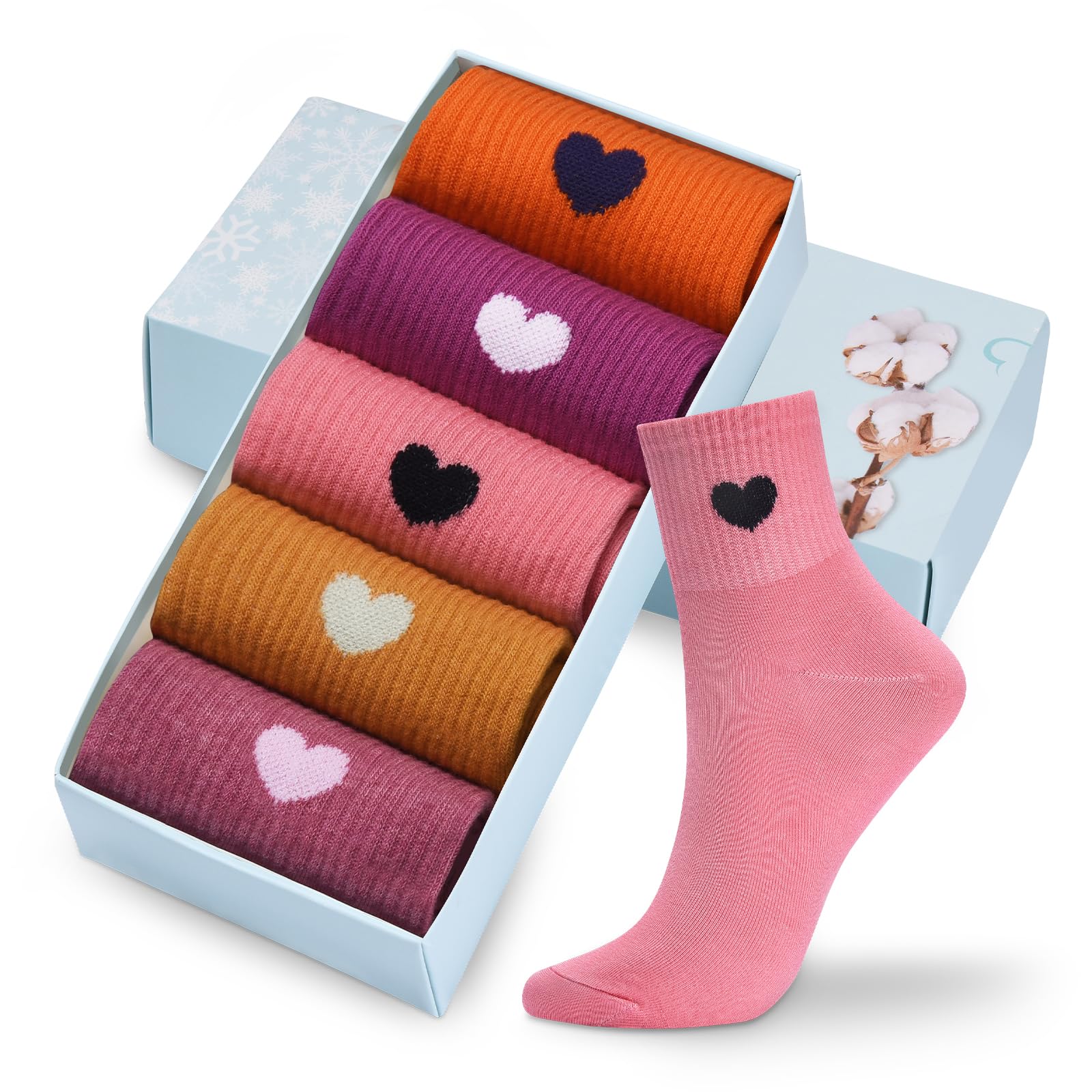 Corlap Women's Cute Cotton Crew Athletic Running Socks - Ankle High, Novelty Fun Heart Design 5-Pairs (Gift Box)