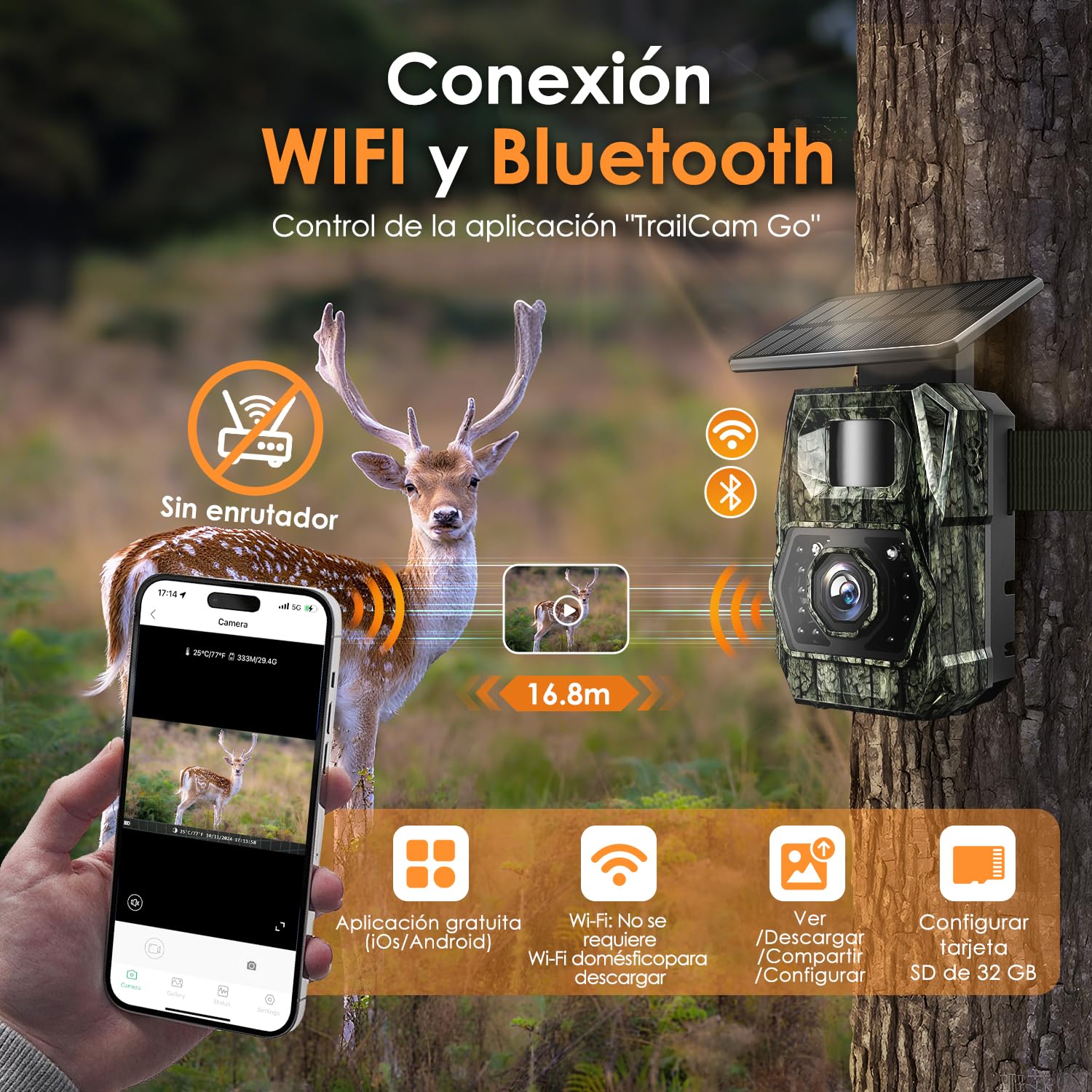 Camara Caza Fototrampeo, Cámara de Caza con Envio al Movil APP WiFi Camara Caza Vision Nocturna 48MP Solar Cámara Fototrampeo con Batería de 5200 mAh, 0.1s Velocidad de Disparo Caza Impermeable IP66