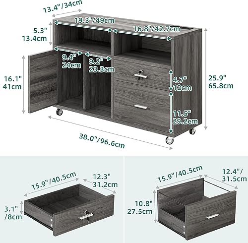Miniatura 3 de YITAHOME Archivador lateral de madera, gabinete de almacenamiento móvil de 2 cajones, compatible con A4, letra y legal, soporte de impresora con