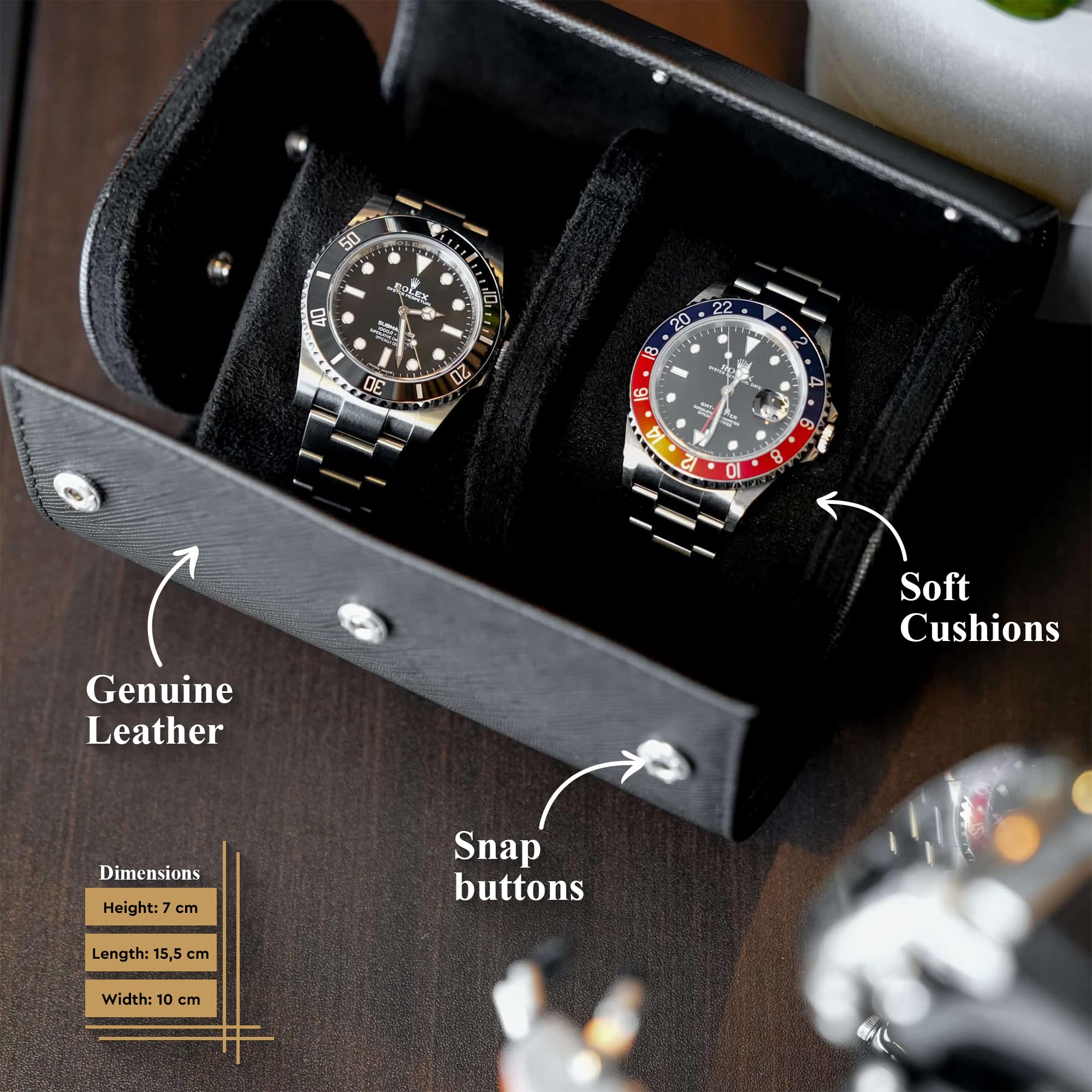Rotolo per orologi a due fessure - Tutto nero in saffiano