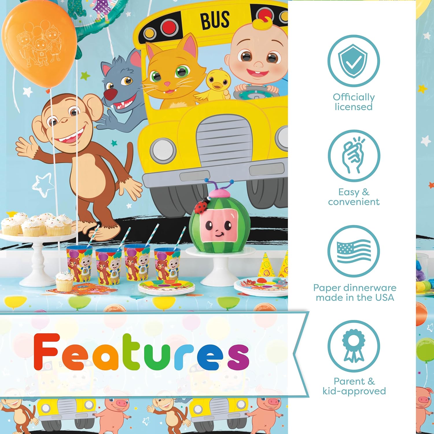 Cocomelon Party Supplies Set | Cocomelon Birthday Party Supplies and Decorations | Serves 16 Guests | With Banner, Table Cover, Plates, Napkins, Cups and Sticker
