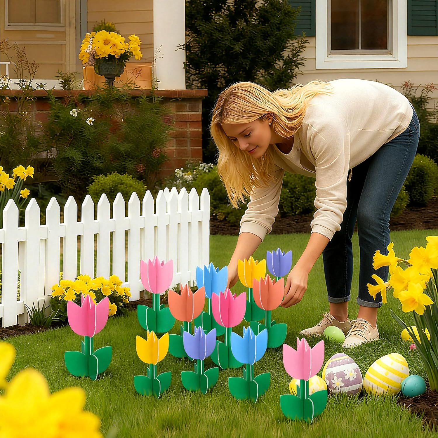 Thyle 12 Pcs Easter Tulips Yard Decorations Outdoor 10'' 11'' 12'' Spring Easter Tulips Yard Signs with Stakes Double Sided Printing Plastic Lawn Signs for Spring Outdoor Lawn Garden Porch Party Decor