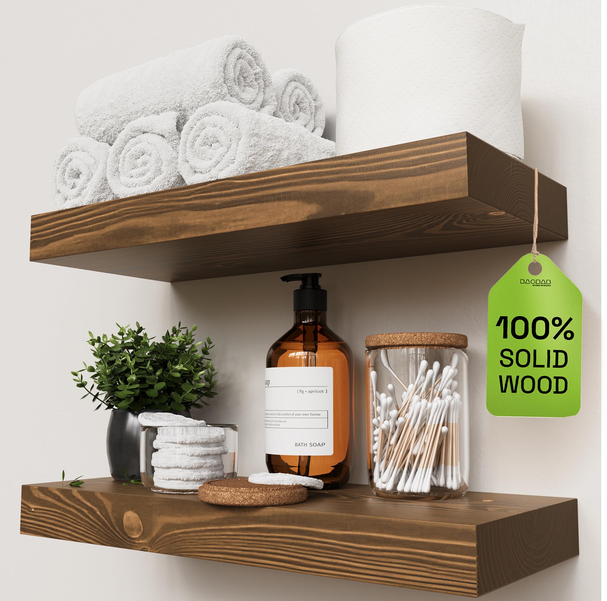 BAOBAB WORKSHOP Wood Floating Shelves for Wall Mounted, 16 inch Walnut Floating Shelf for Bathroom, Solid Wooden Wall Shelves for Kitchen Bedroom Farmhouse, Walnut Finish, 16 x 6.7, Set of 2