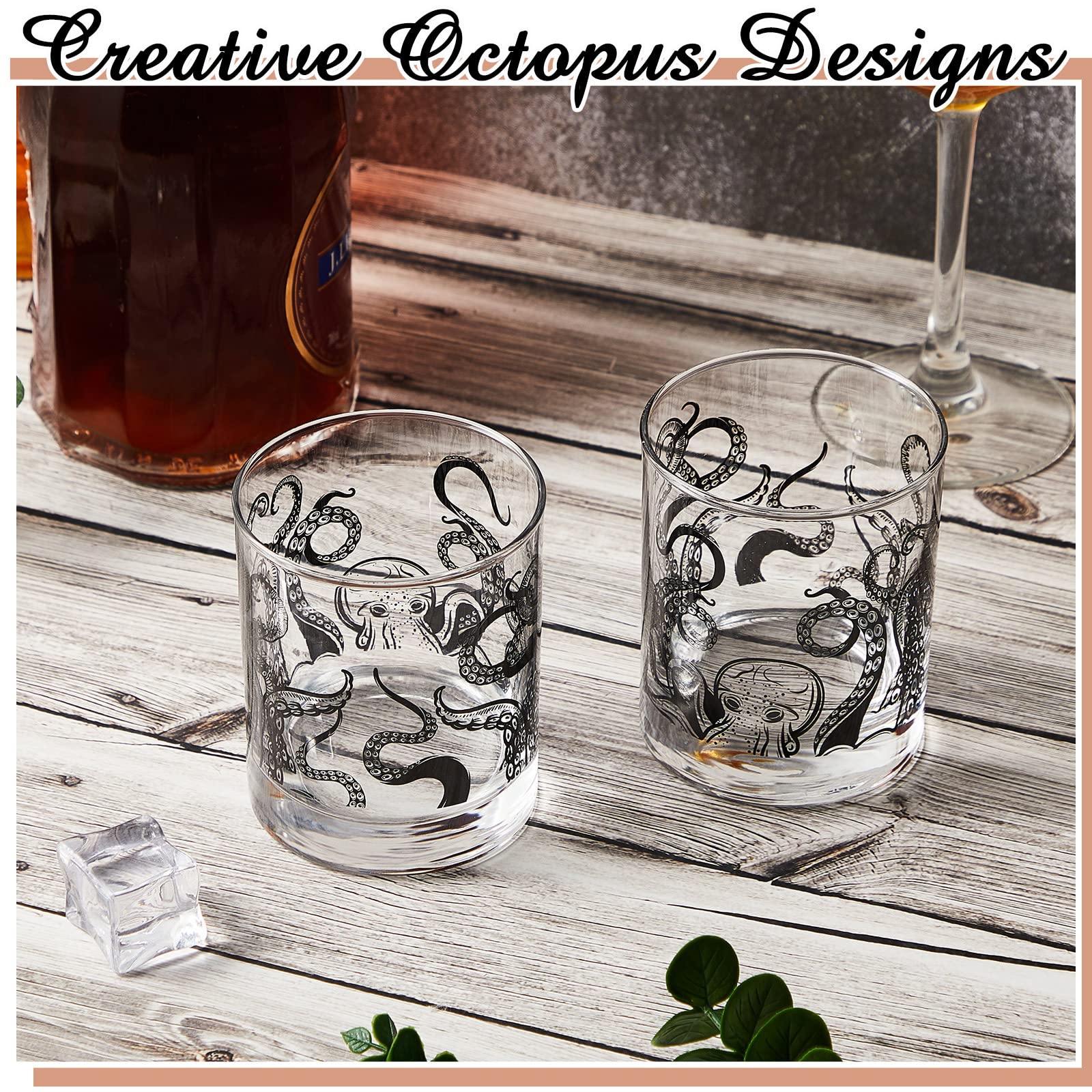 4 Stück Octopus Tentakel Whiskey Gläser 284 ml - Rock Gläser Kraken Geschenke Altmodische Tasse - Klare Strand Weingläser für Trinken Shot Rum Cocktail Bier Bar Dekor Tumbler Cup Glaswaren