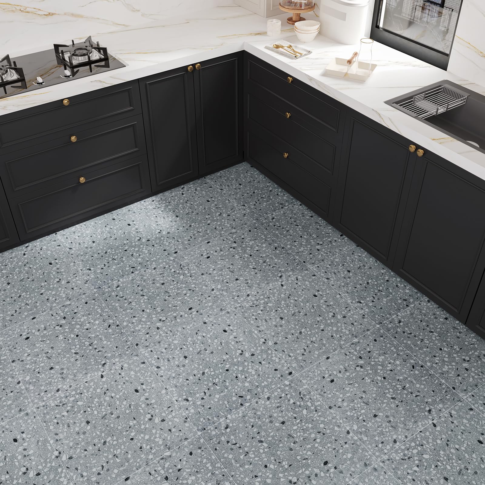 VaryStyle 18 fogli di pavimenti in vinile grigio terrazzo piastrelle Peel and Stick impermeabile pavimento del bagno autoadesivo amichevole spesso vinile grigio piastrelle per pavimento piastrelle per