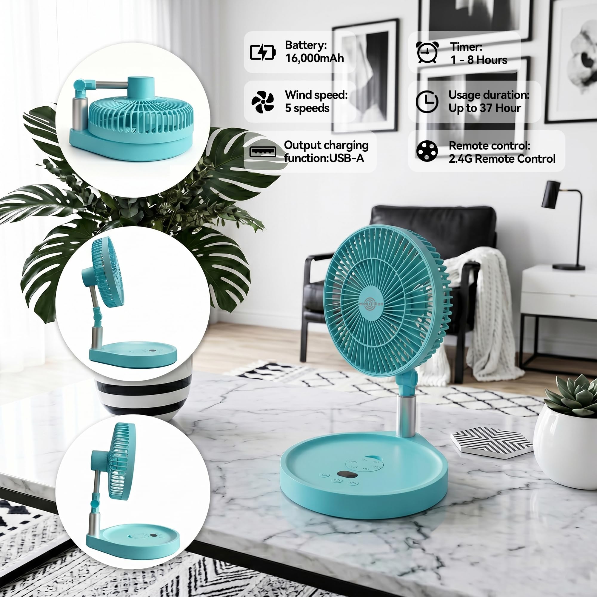Ventilatore portatile ricaricabile a piedistallo, ventilatore pieghevole H6 da tavolo e da tavolo, 16000 mAh, design pieghevole senza fili con telecomando, 5 velocità, flusso d'aria