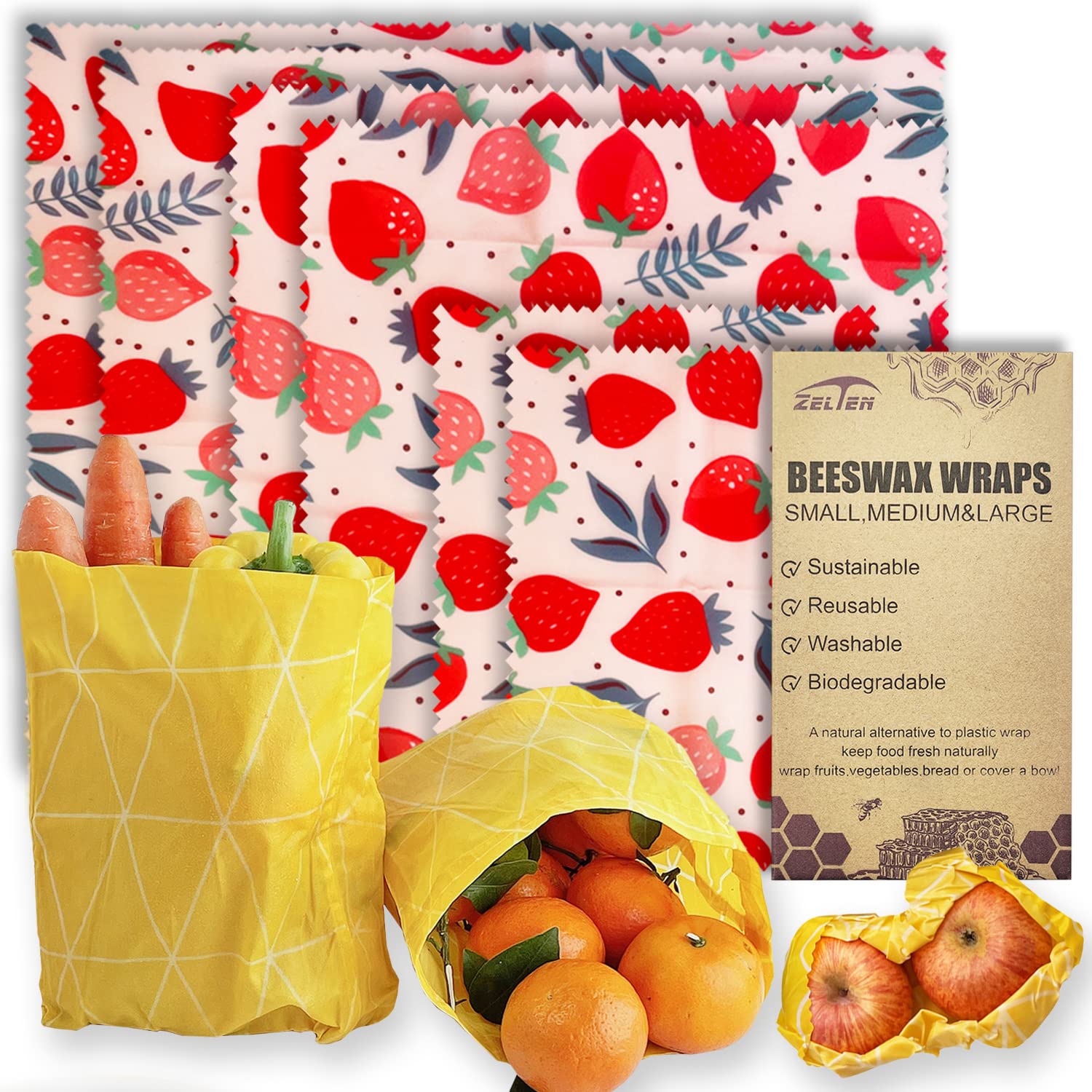 Beeswax Reusable Food Wraps - (6 Packs, 3 Sizes S,M,L, with 2 Meter Hemp Rope, Two Buttons) Plastic and Silicone Free, Eco-friendly Wrap, Wax Paper for Food,Strawberry
