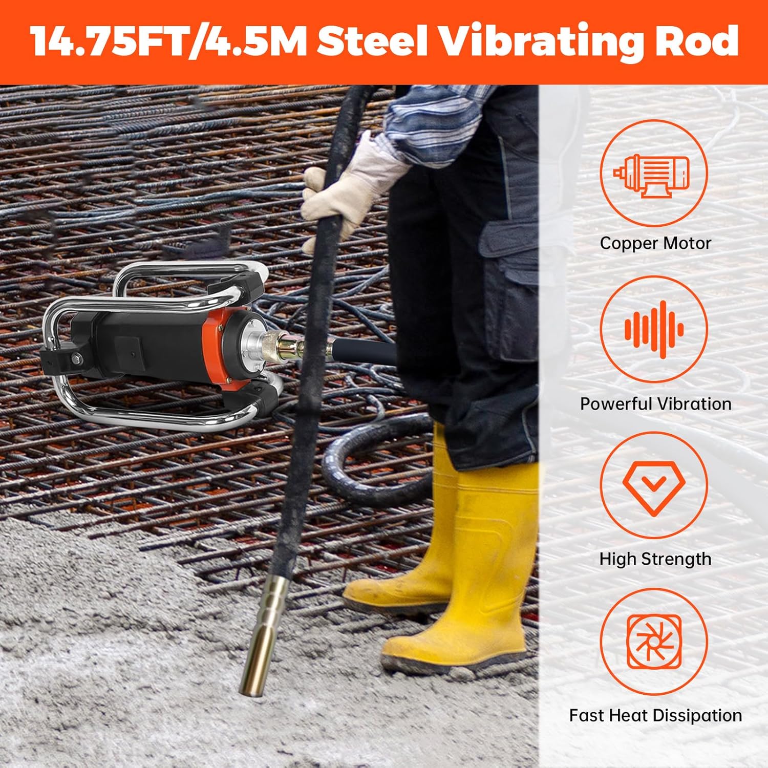 Electric Concrete Vibrators 16000RPM 1500W Concrete Vibrators Copper Motor 14.75FT/4.5M Steel Vibrating Rod Eliminate Air Pockets, Black