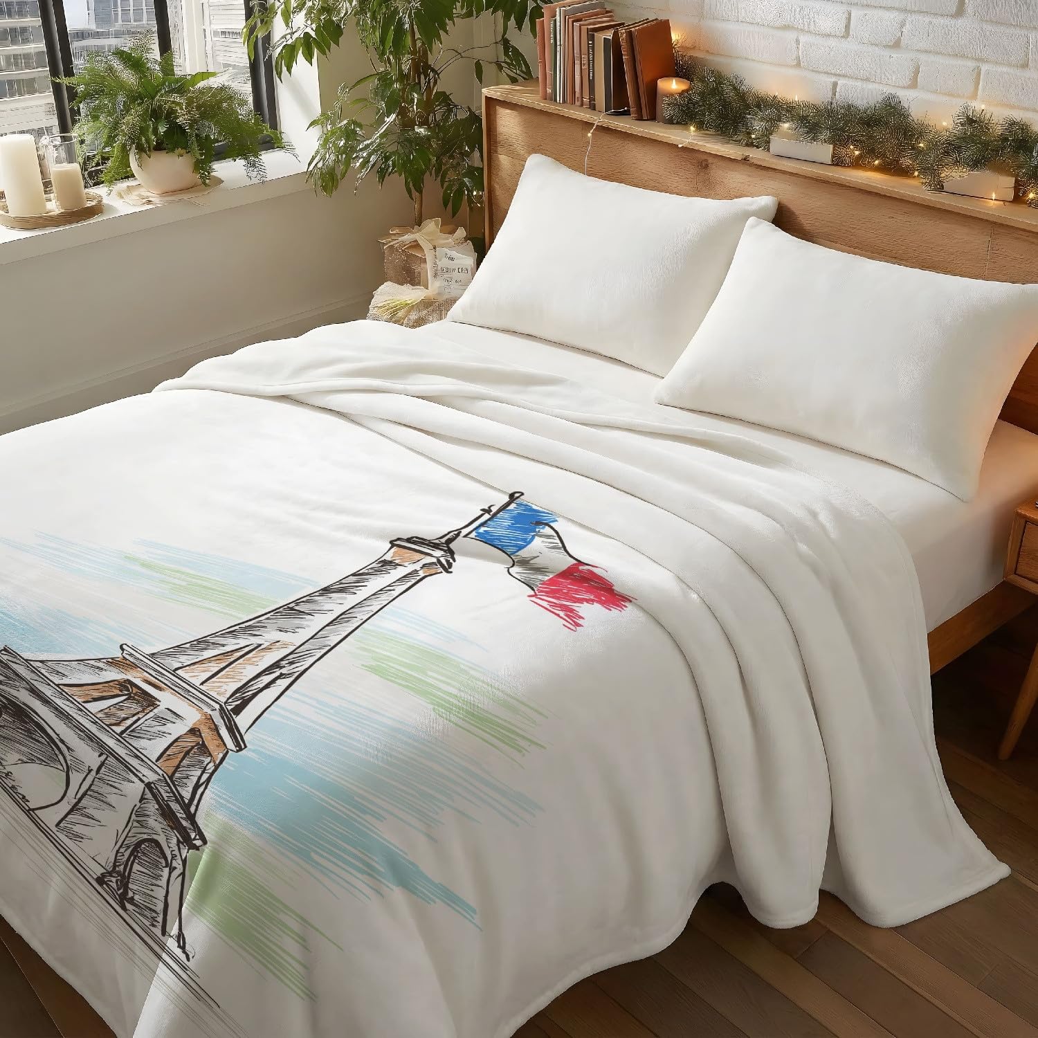 Genérico Zimowy koc flanelowy na sofę i fotel 220 x 270 cm - Koce prezentowe dla kobiet i mężczyzn - minimalistyczny wieża Eiffla Paryż romantyczny wystrój domu - miętowy miękki koc duży