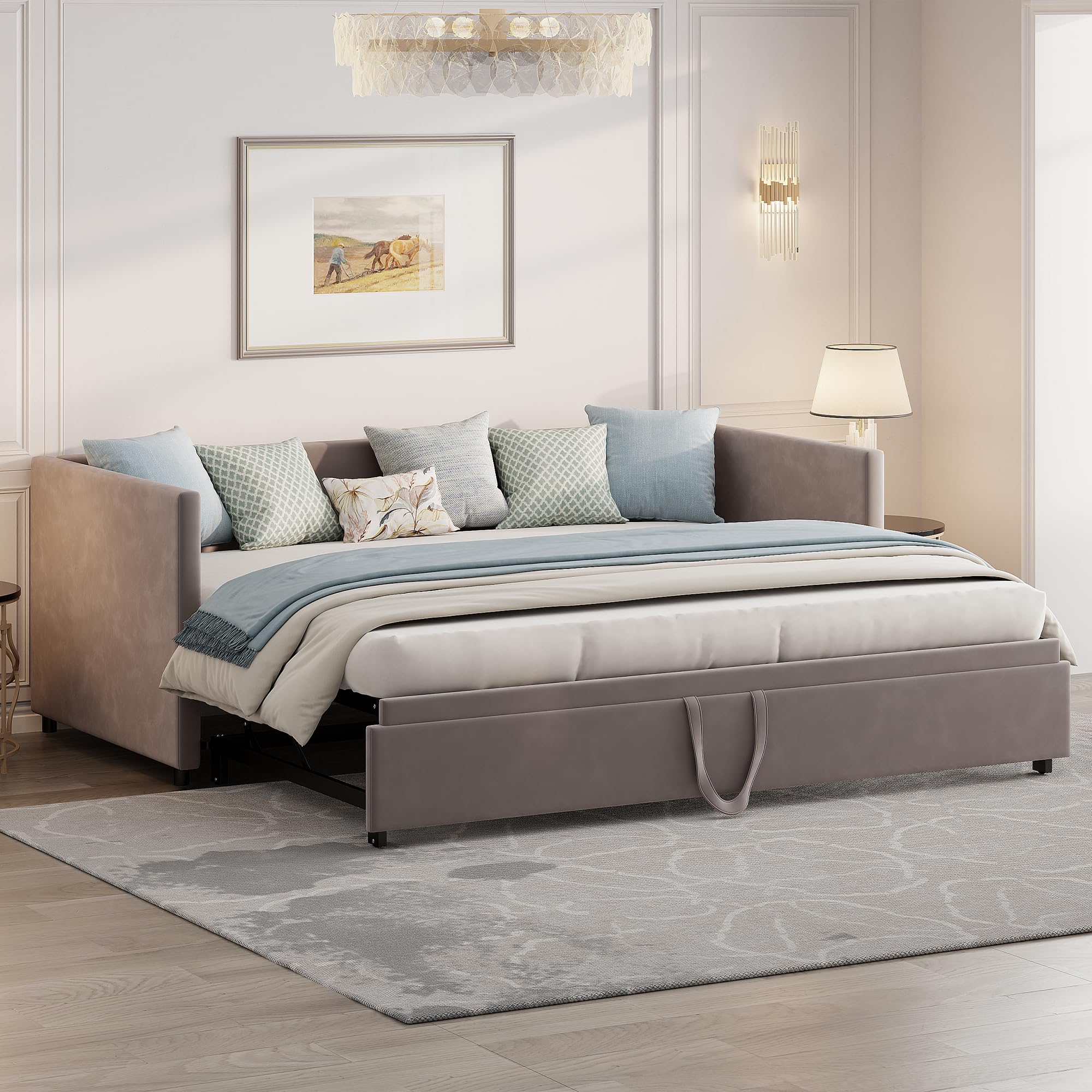 Tagesbett Ausziehbar 90/180x200 cm,Schlafcouch Polsterbett Ausziehbar mit Gästebett,Samtstoff Bett Ausziehbar zum Doppelbett,Schlafsofa für Erwachsene 2 Personen,ohne Matratze,Grau