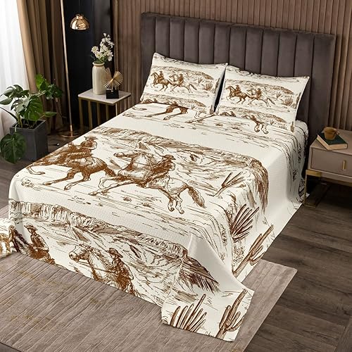 Erosebridal Colcha occidental tamaño Queen Cowboy Colcha Americana Salvaje Oeste desierto dibujado a mano ilustración colcha temática país