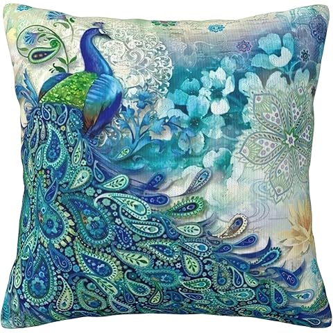Teal Peacock Throw Pillow Cover, Vintage Watercolor Blue Peacock Gifts Decoration P...