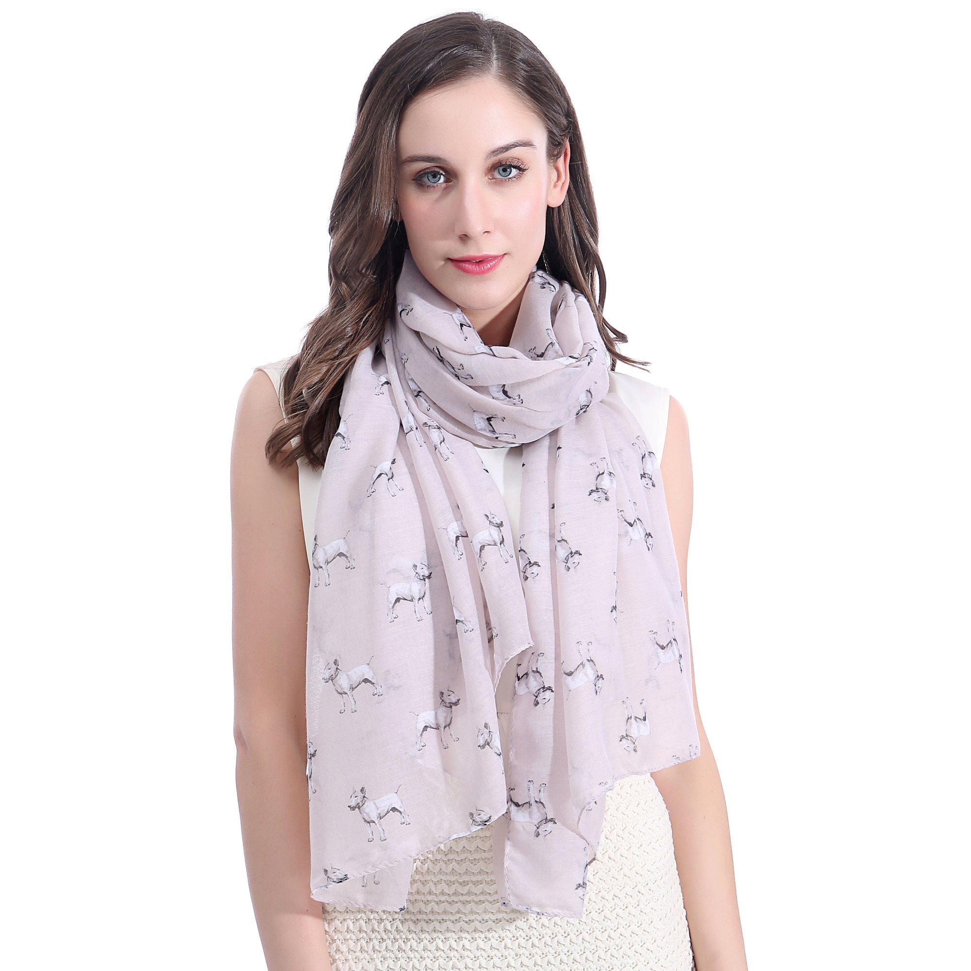 Lina & Lily Women's Beige Bull Terrier Dog Print Scarf Shawl Wrap Lightweight (Beige)