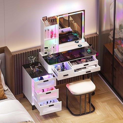 Miniatura 5 de Gurexl Escritorio RGB con estación de carga inalámbrica, mesa de tocador con luces y espejo, juego de tocador de 7 dinámicos y 7 estáticos