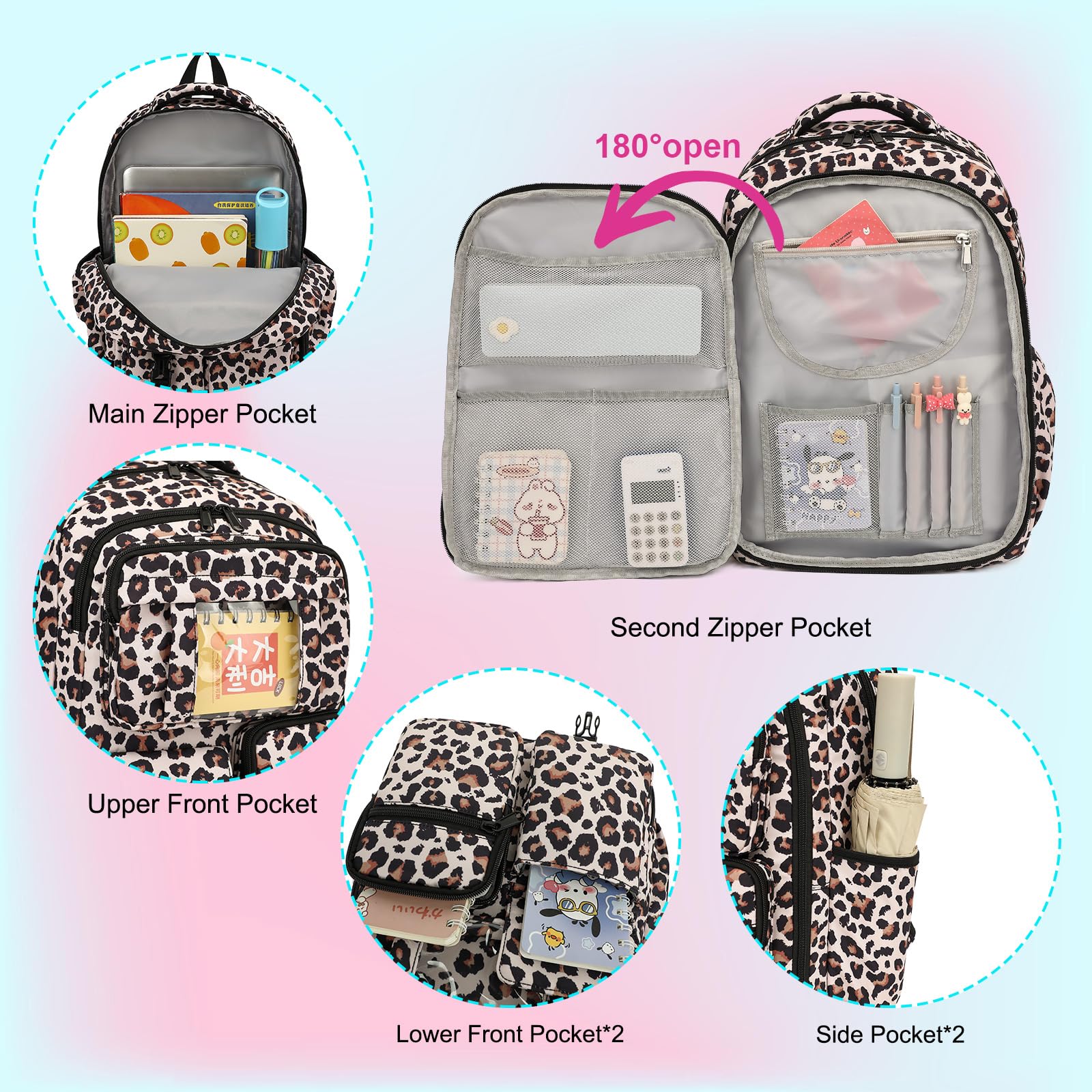 Schulrucksack für Mädchen, 3-teiliges Set, Grundschul-Büchertaschen mit Lunchbox, Federmäppchen, Leopard, Medium, Modern
