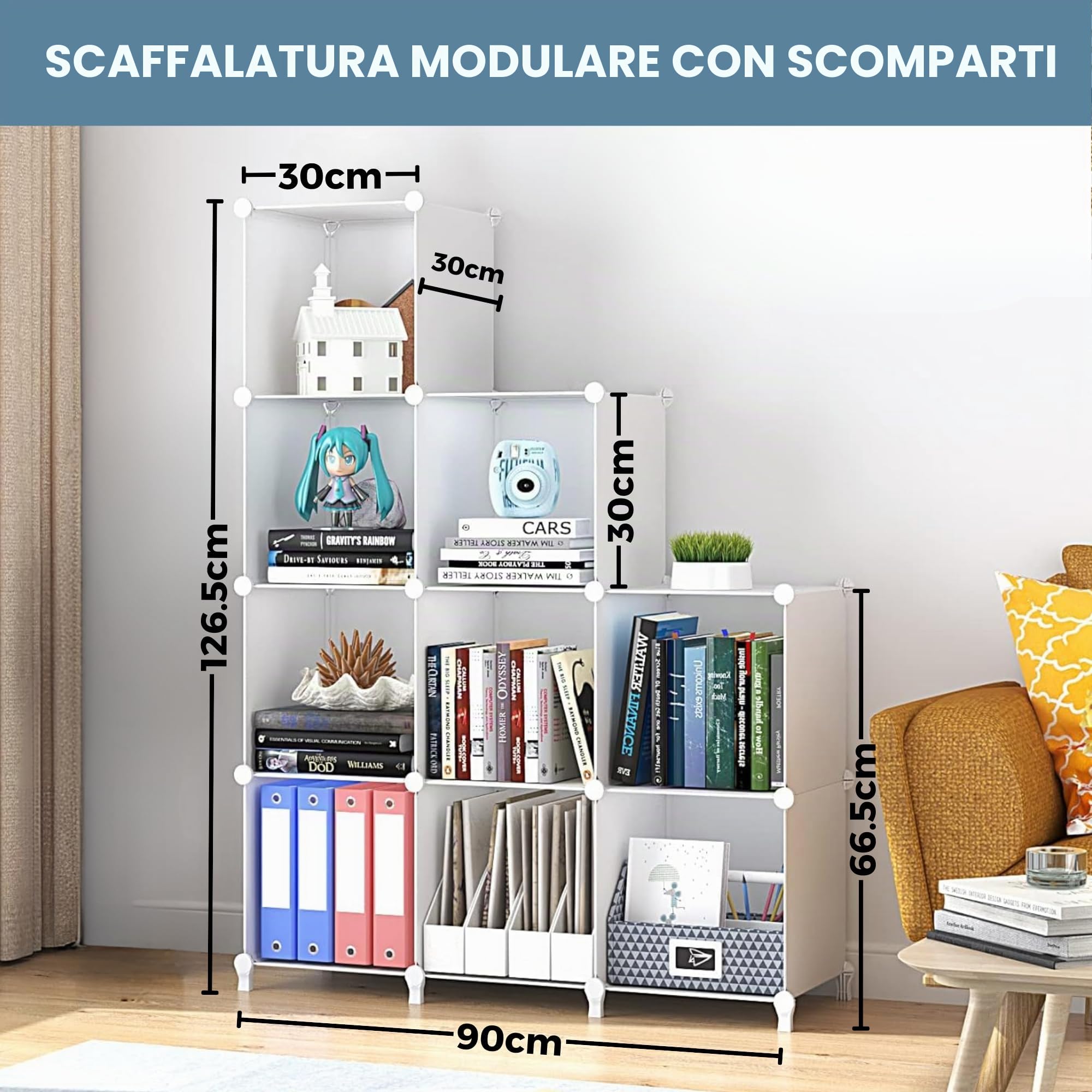 Scaffale Modulare con 9 Scomparti, Scaffali Modulare in Plastica, Scaffale con Moduli, Cubo Portaoggetti, Libreria in Plastica, per Scarpe, Vestiti, Libri, Montaggio Facile, Armadio, Bianco.