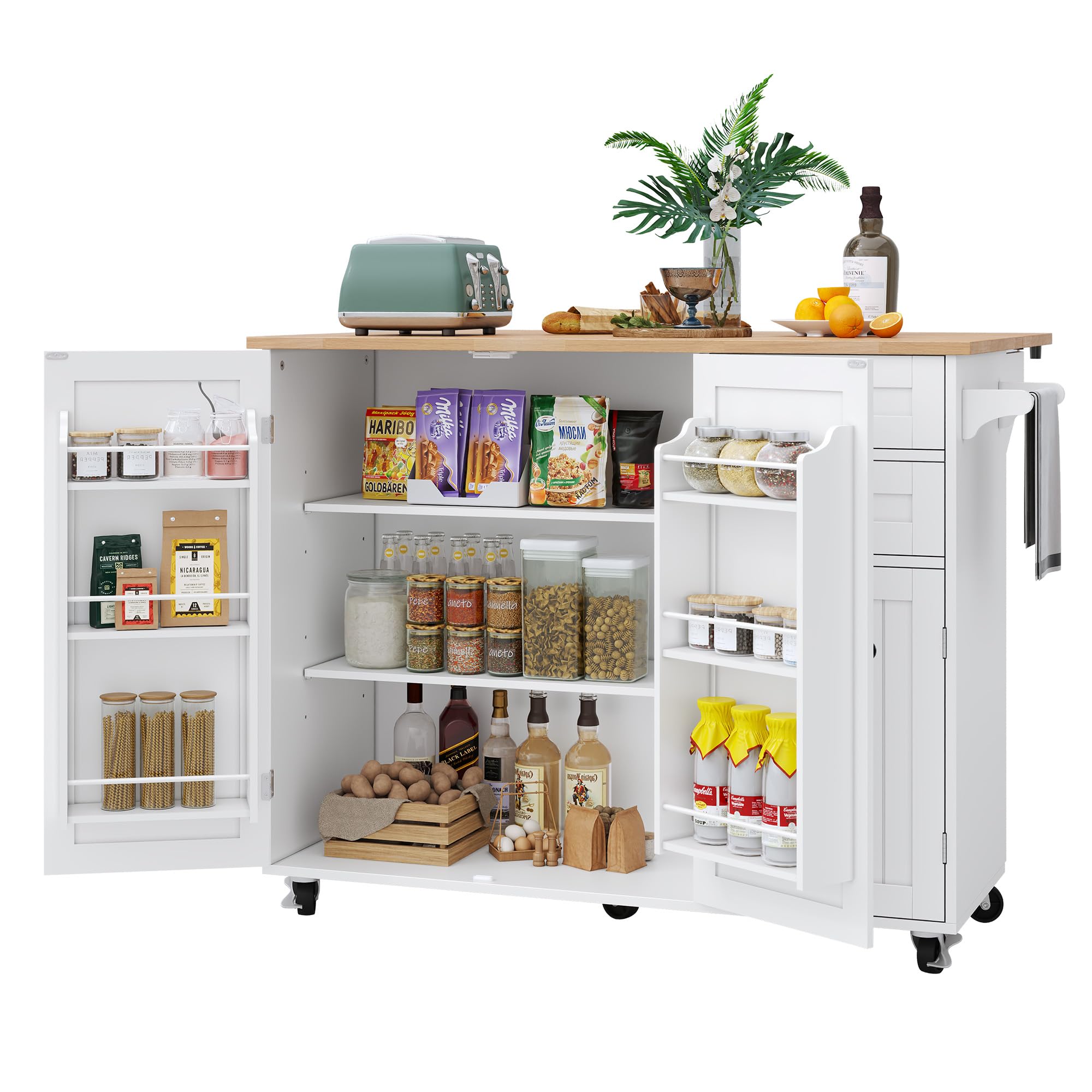 HLR Kitchen Island with Storage, White Rolling Kitchen Island on Wheels with Drop-Leaf Bar Countertop, Island Table for Kitchen with Side Open Spice Rack and Tower Rack, Extra Storage for Kitchen