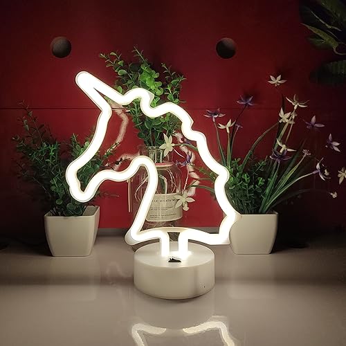 Miniatura 2 de JYWJ Letrero de neón de unicornio con base de soporte, luz de neón alimentada por USB o 3 pilas AA, decoración de mesa LED, decoración de pared de