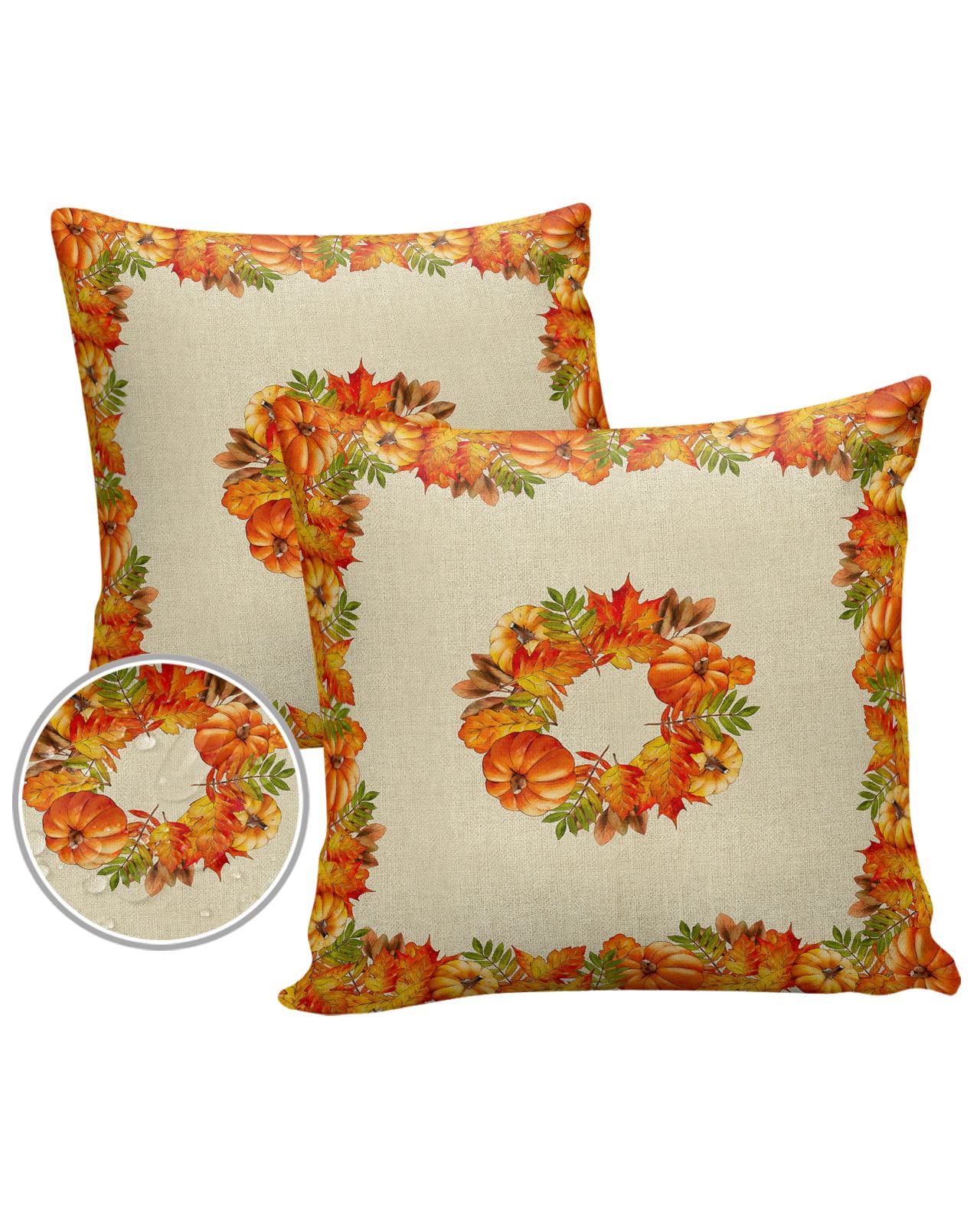 Thanksgiving Outdoor Pillow Shams Set of 2, Decorative Pillowcases Cushion Case, Soft Throw Pillow Covers Waterproof Pillow Case 26x26 Inch, Fall Farm Pumpkin Maple Leaves