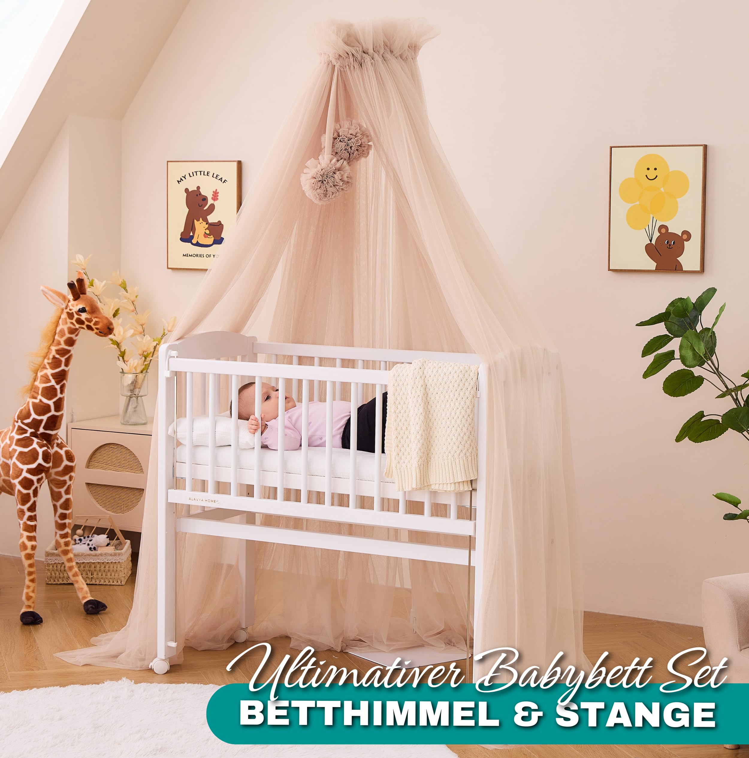 ALAVYA HOME Baldacchino in tulle, lunghezza 120 cm, per culla e culla, zanzariera con 2 pompon e baldacchino, decorazione per la cameretta dei bambini, protegge e incanta il vostro bambino durante il