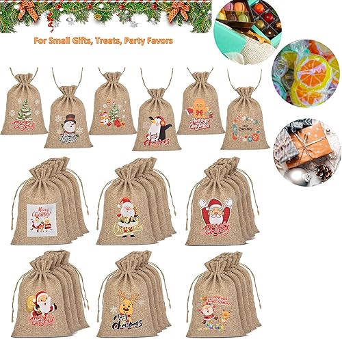 Miniatura 7 de TANGXIA Bolsas pequeñas de arpillera de Navidad con cordón, bolsas de regalo de arpillera, bolsas de regalo de lino de Navidad, bolsas de envoltura