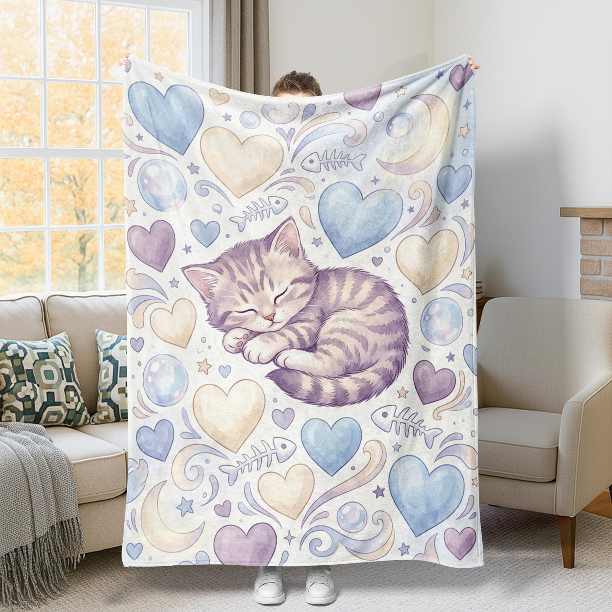 Jeté de lit en peluche chat couverture douce pour dortoir et voiture