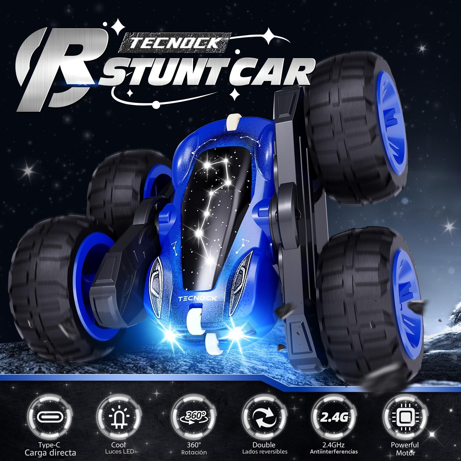 Tecnock 2025 Coche teledirigido con Mando a Distancia de 2,4 GHz 360 ° Flip Stunts RC Coche Monstertruck con luz Colorida a Partir de 3 – 12 años Juguete al Aire Libre Regalo para niños